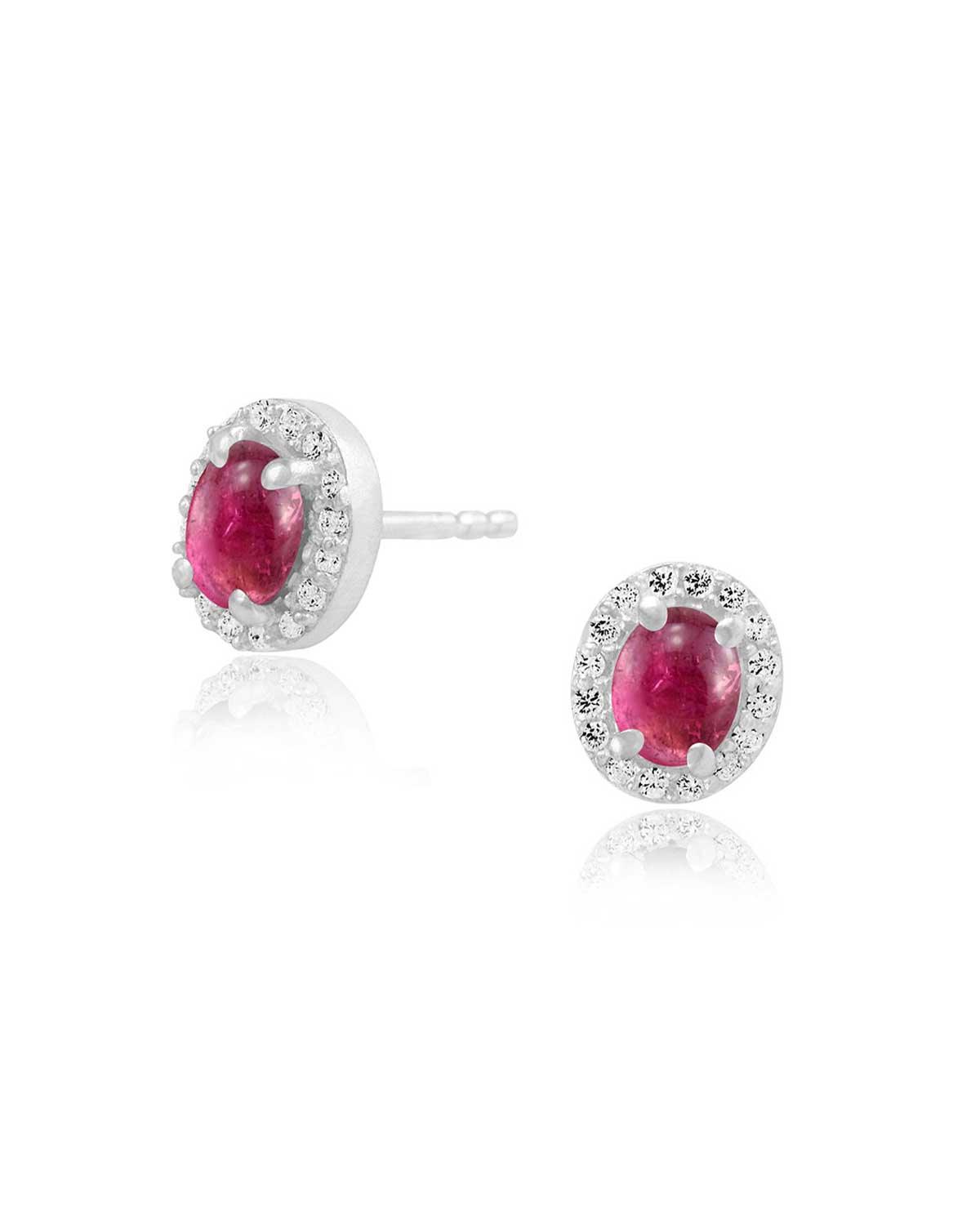 Silver stud earrings with pink tourmaline gemstone and cubic crystal detailing