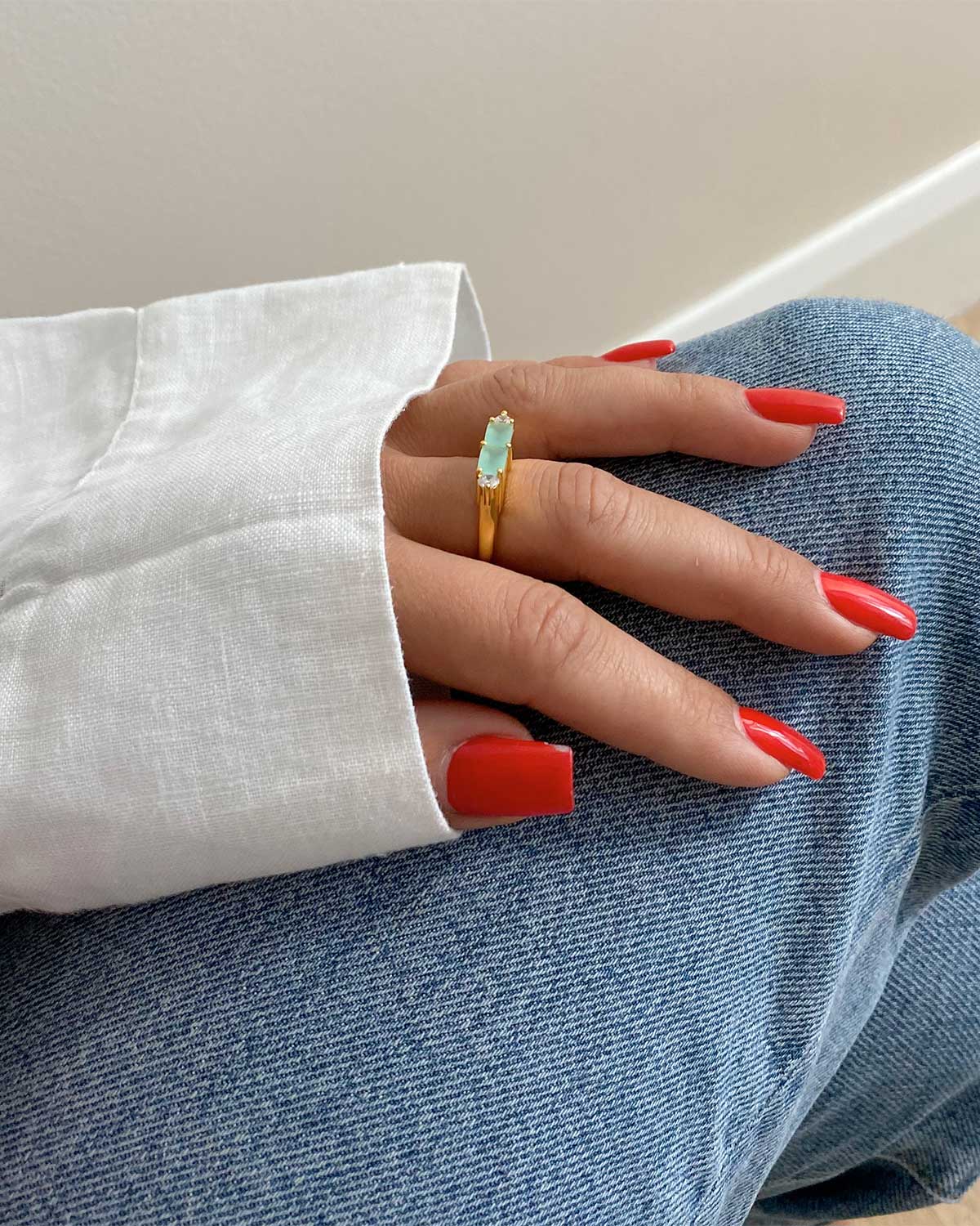 Minimal gold ring with aqua chalcedony baguette gemstone