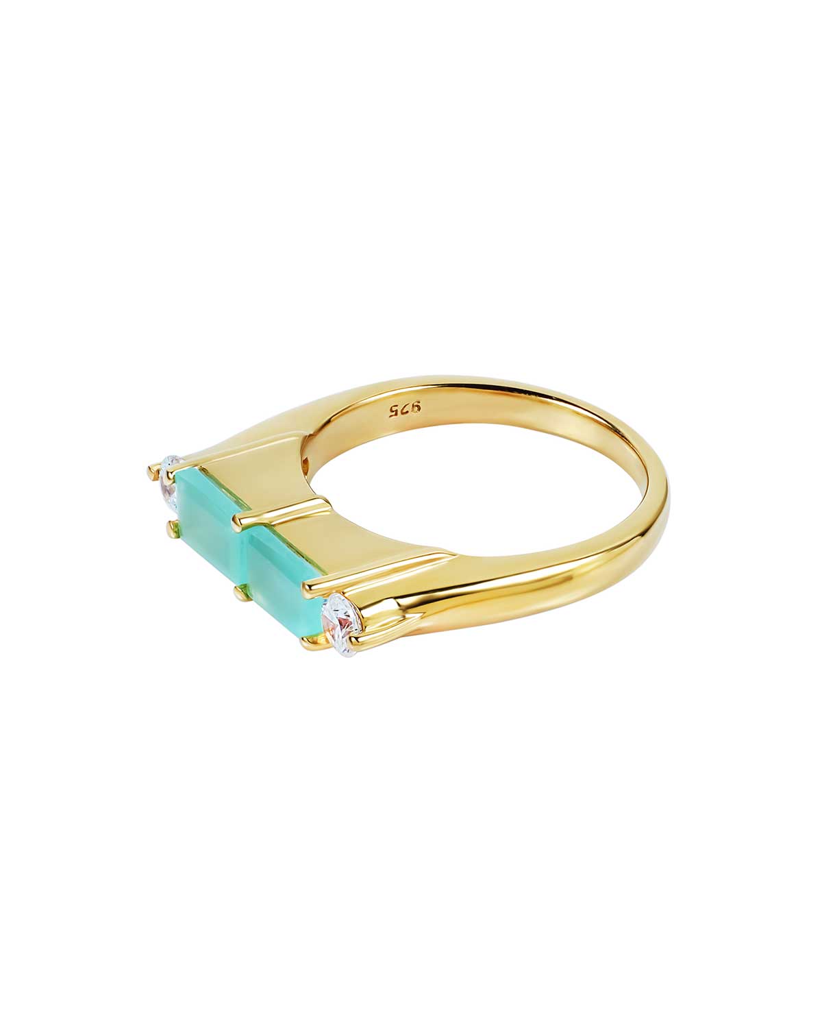 Side angle of gold ring showcasing aqua chalcedony baguette cut