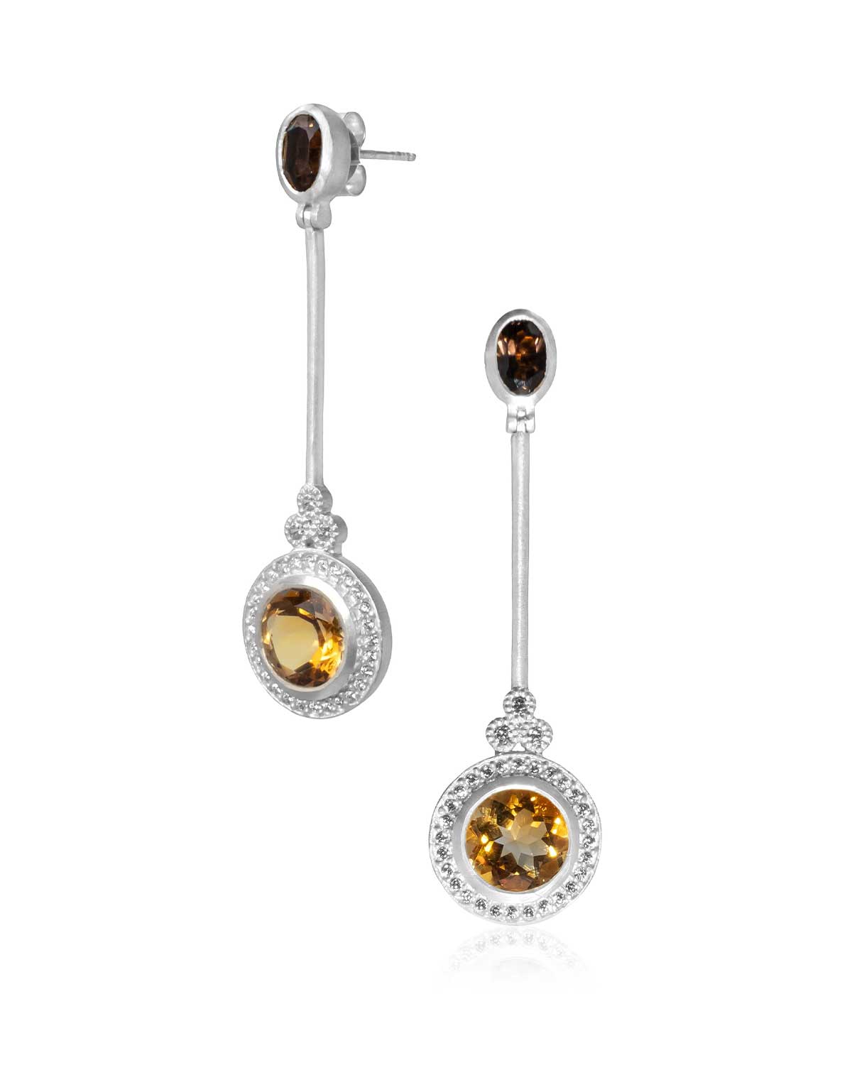 Silver statement earrings with citrine and smoky quartz gemstones