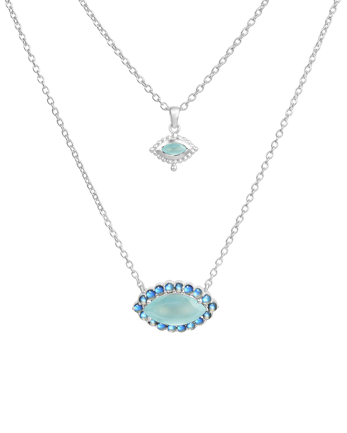 Silver necklace with turquoise and rainbow moonstone gemstones in an eye design