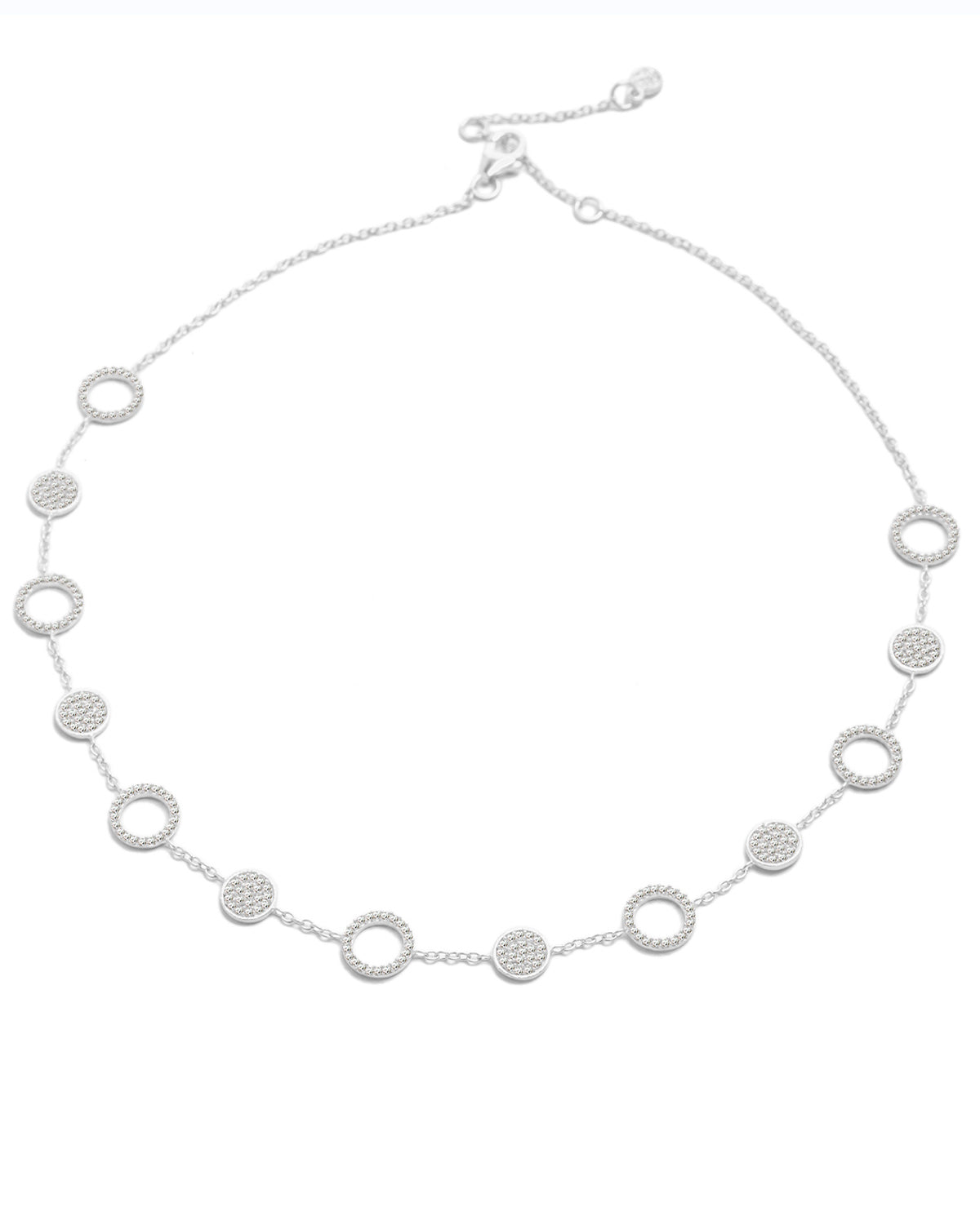 Front view of silver necklace with sparkling crystal detailing