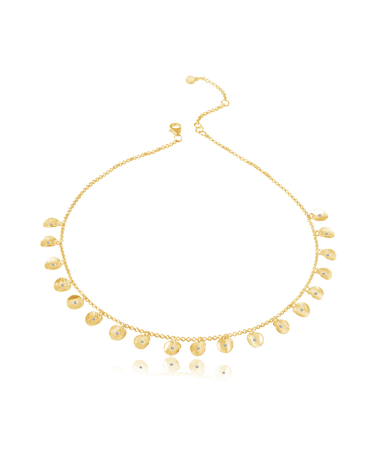 Gold necklace with handcrafted disc and crystal detailing