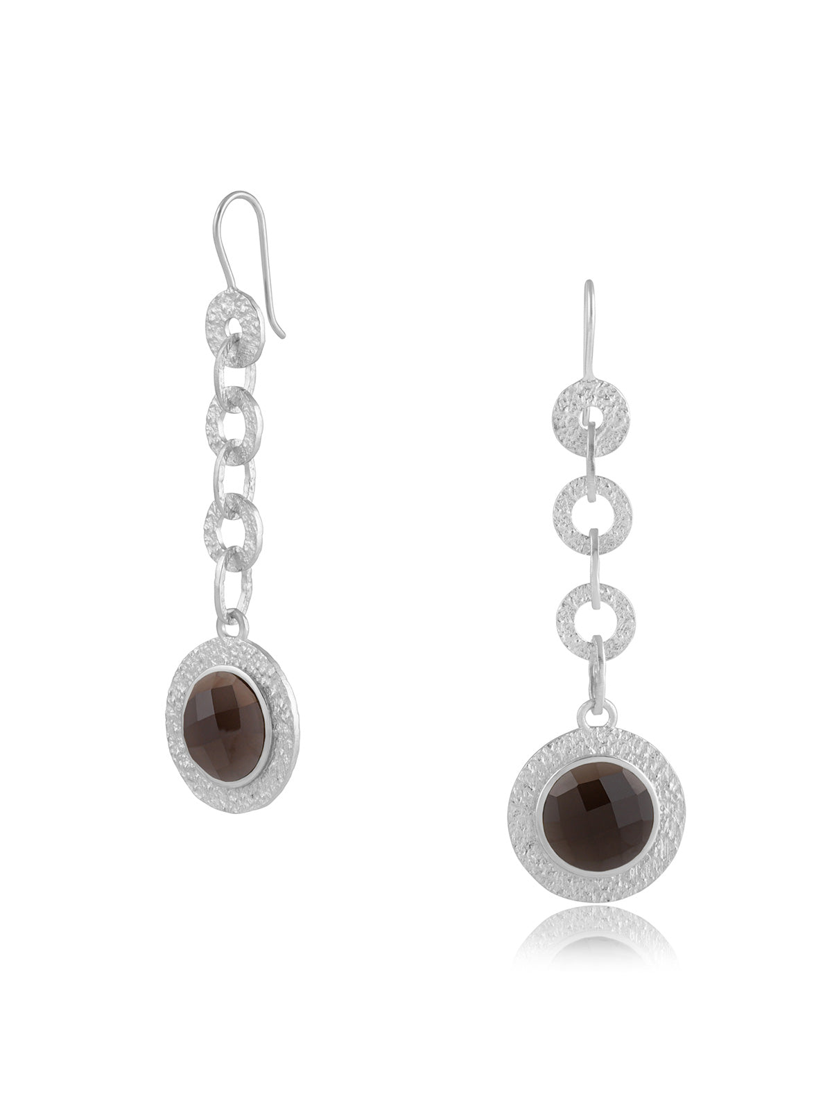 Silver drop earrings with smoky quartz gemstones and a matte finish