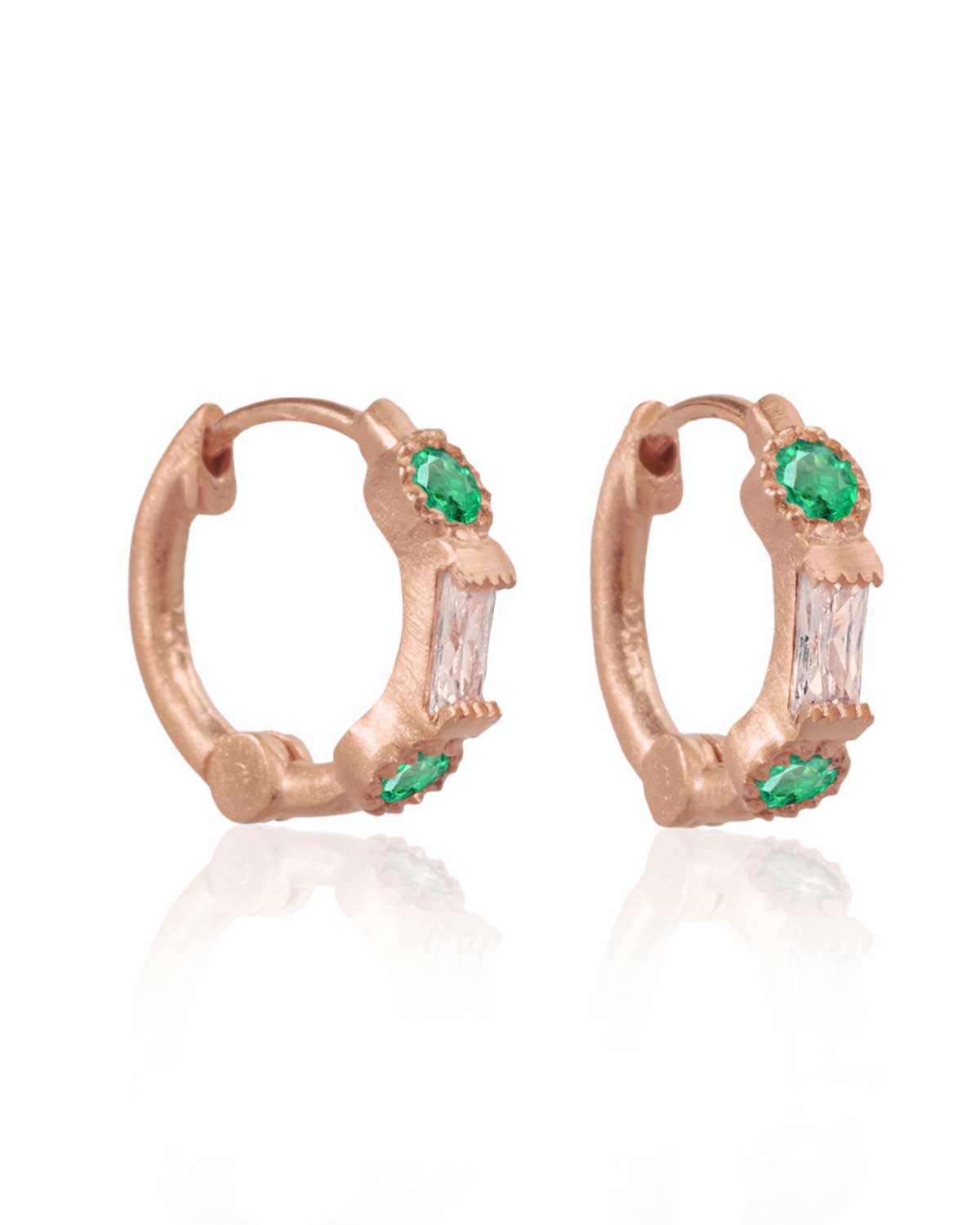 Gold mini hoop earrings with natural emerald gemstones showing unique colour variations