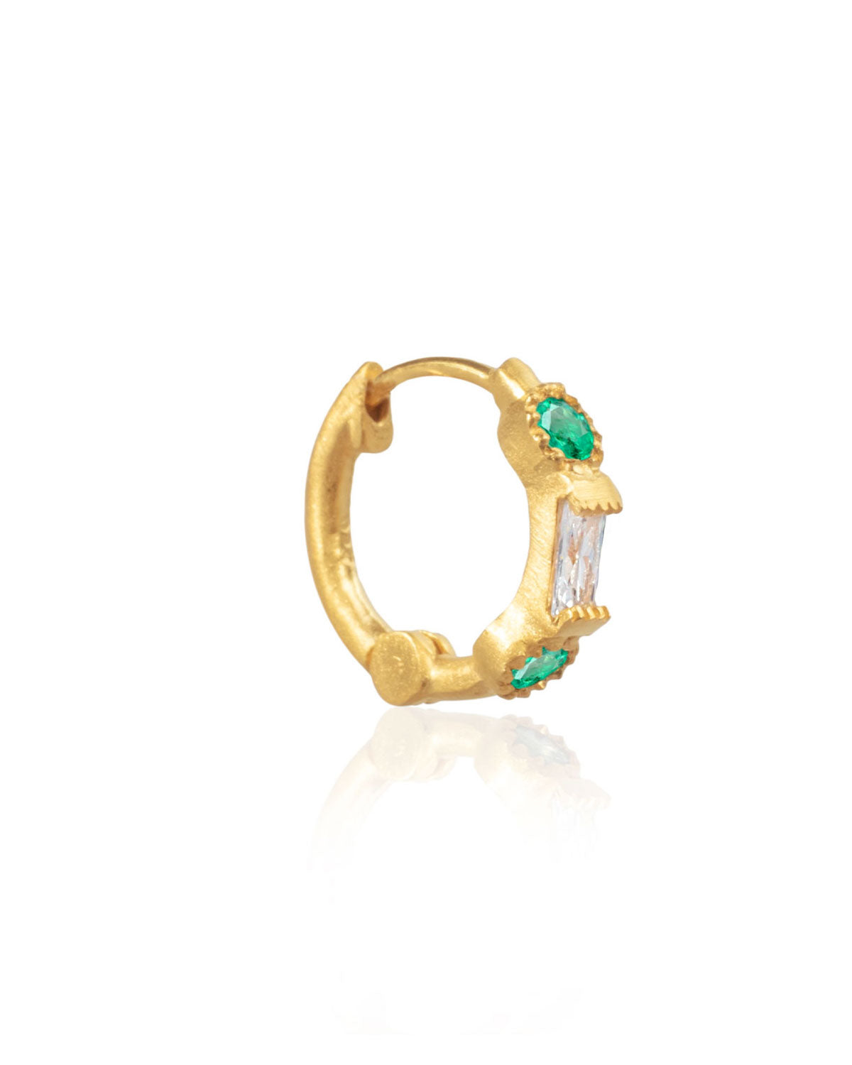 Gold mini hoops with emerald gemstones and secure click clasp closure