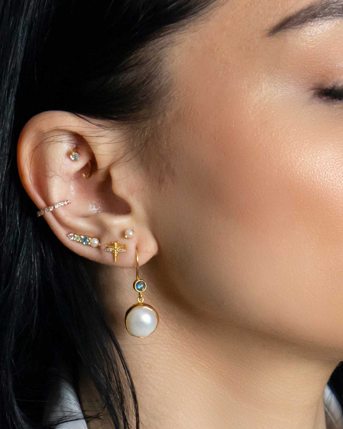 Gold stud earrings with natural pearl, June birthstone jewellery