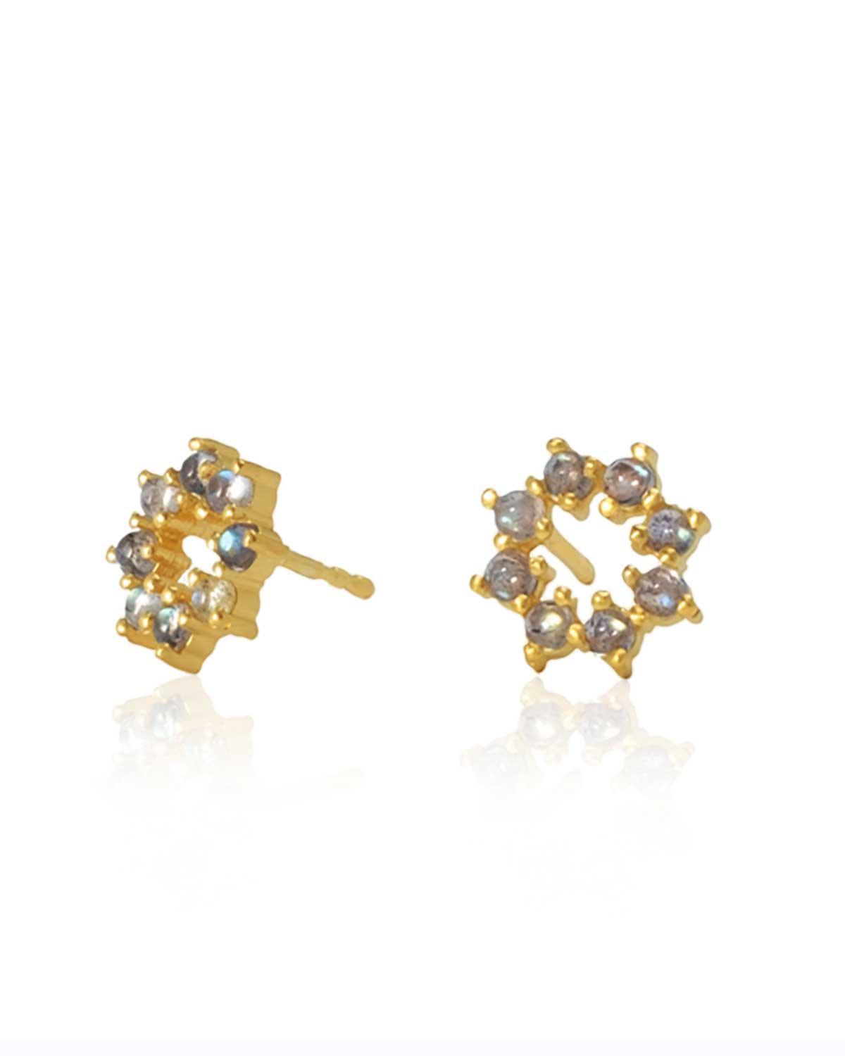 Tiny gold stud earrings with hand-cut labradorite gemstones
