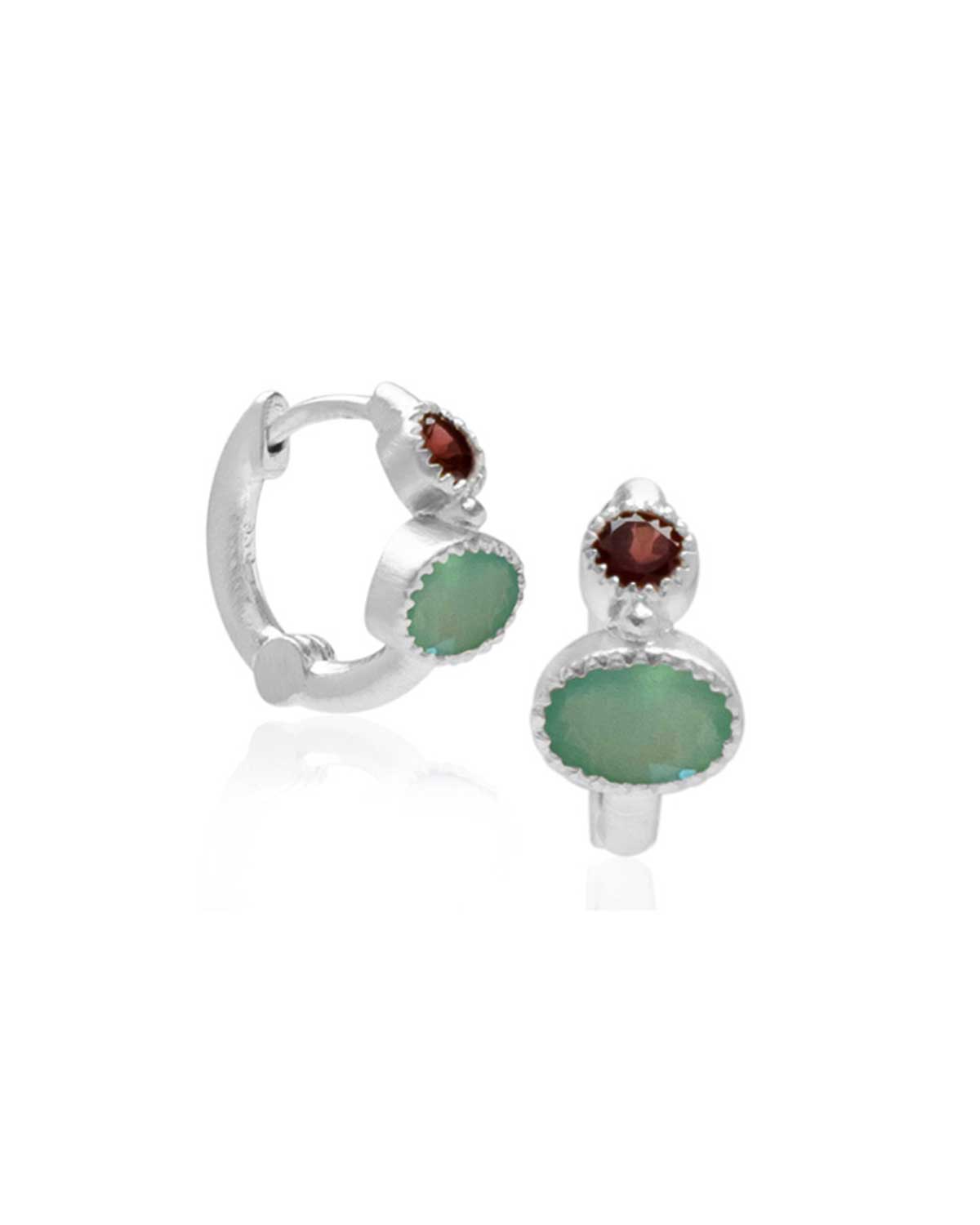 Silver mini hoop earrings with garnet and aqua calcedony gemstones