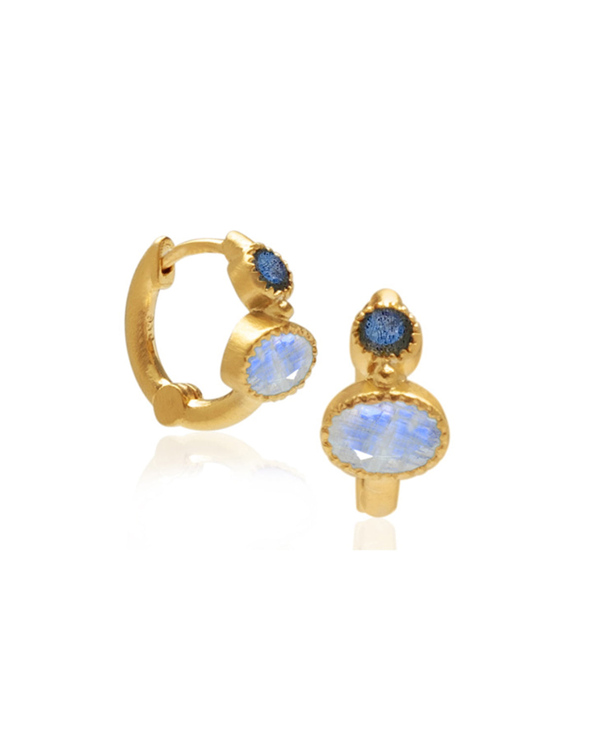 Gold mini hoop earrings with labradorite and moonstone gemstones