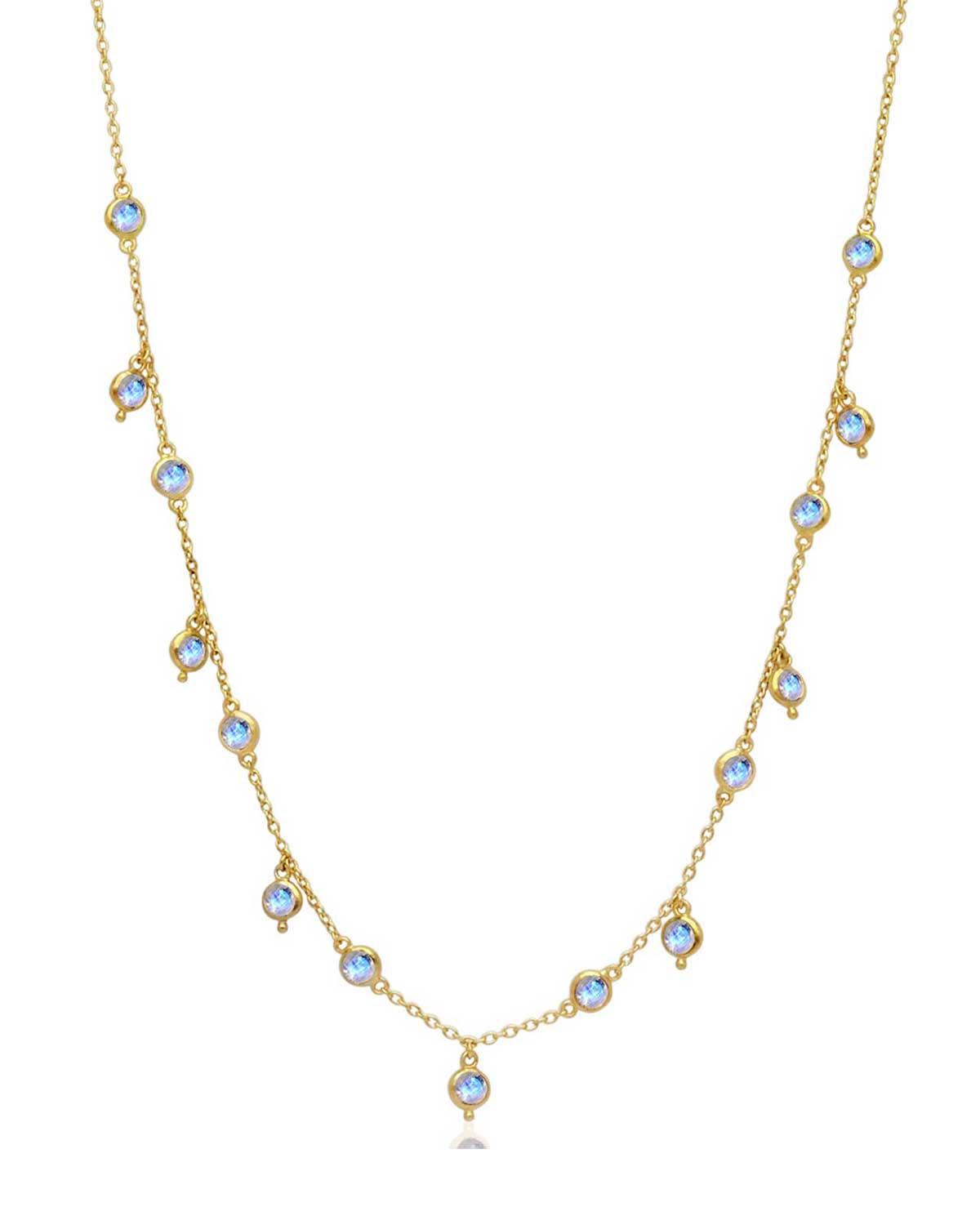 Gold and rose gold necklace with rainbow moonstone gemstones and polished finish