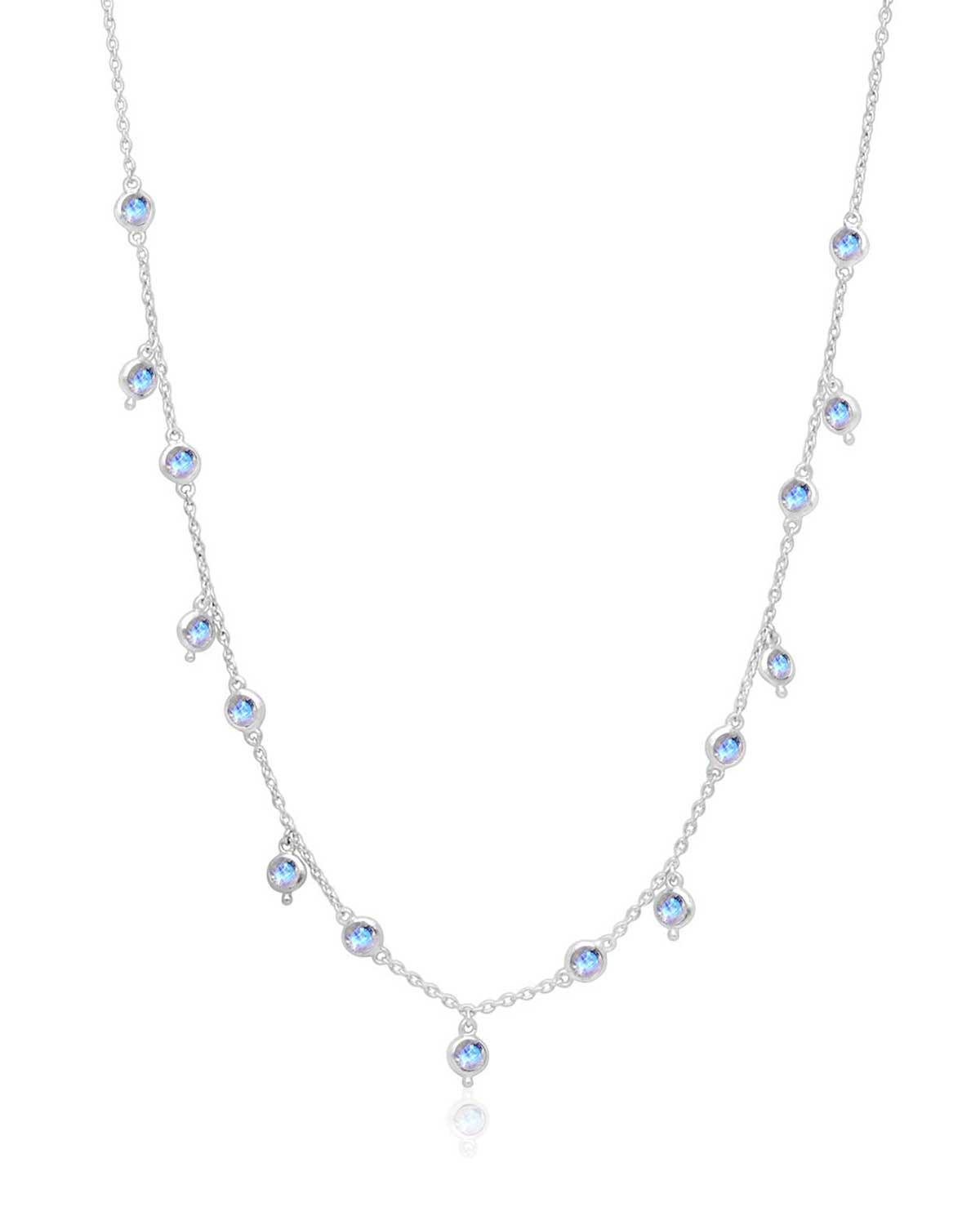 Silver adjustable necklace with rainbow moonstone gemstones and a polished finish