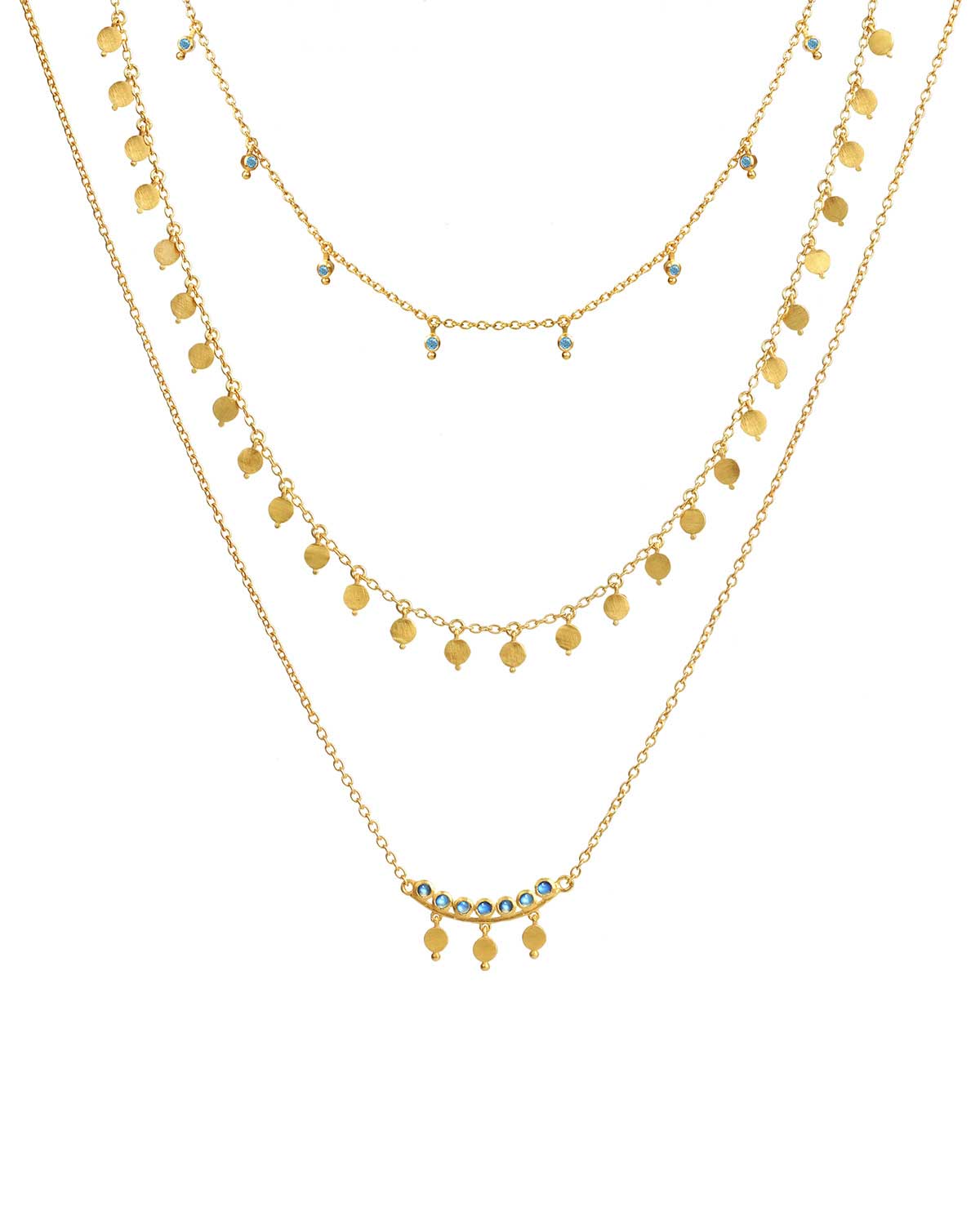 Gold choker necklace with multiple small disk details and adjustable chain