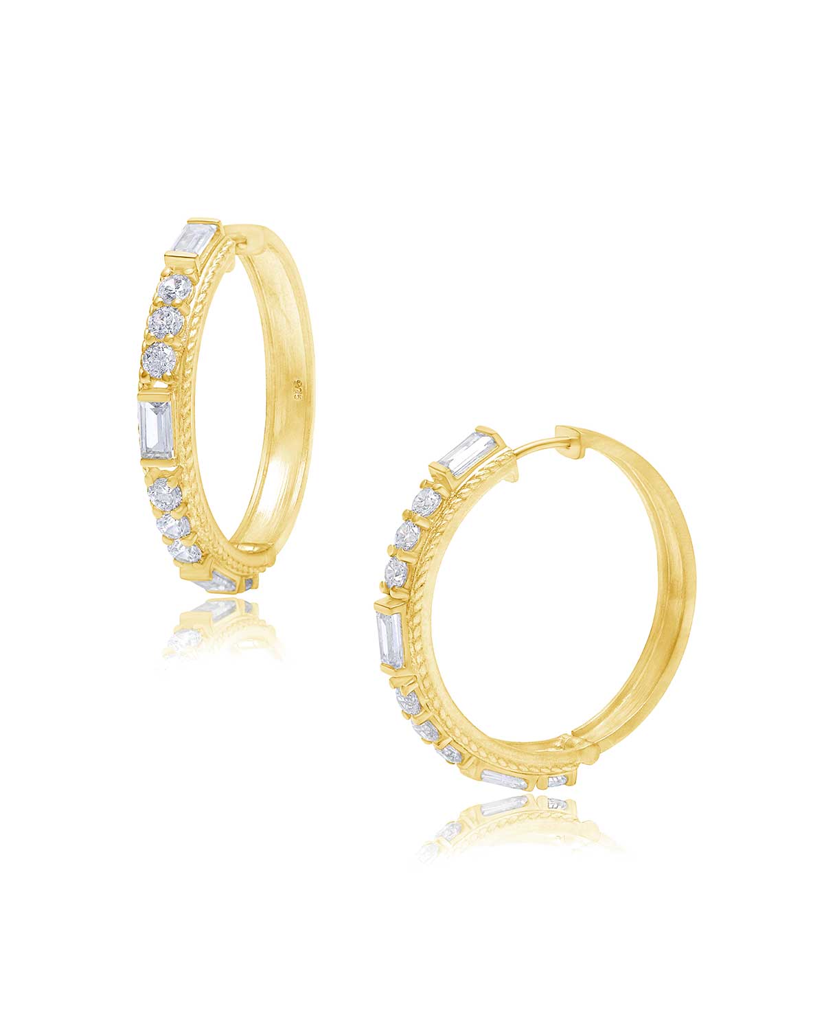 Detailed view of rainbow moonstone and labradorite gemstones on gold hoops