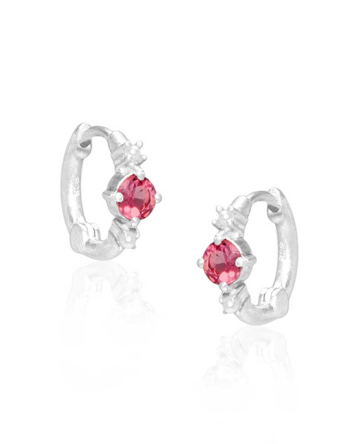 Silver mini hoop earrings with tourmaline gemstones and natural pearls