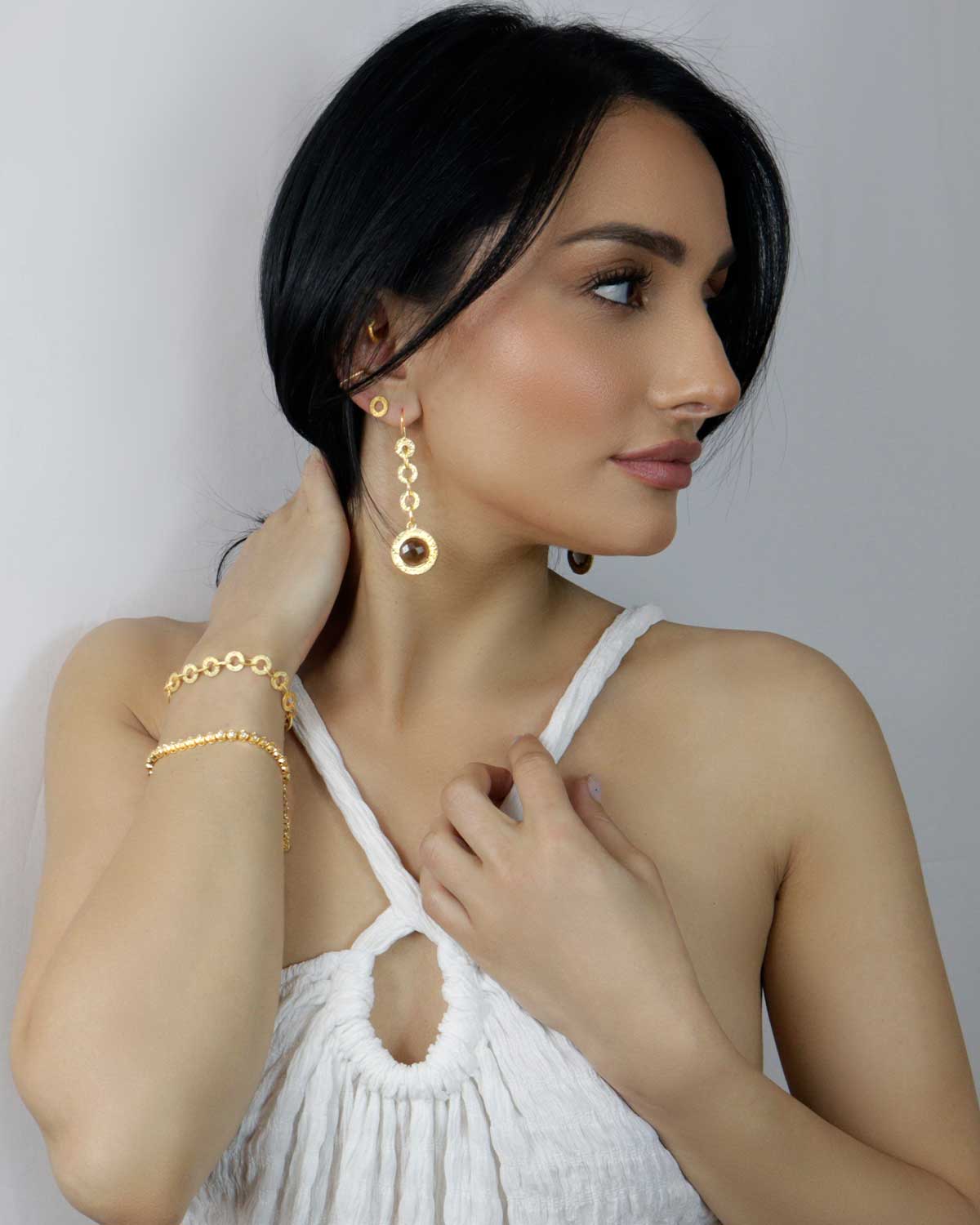 Indianna Smoky Gold Drop Earrings - Moon London