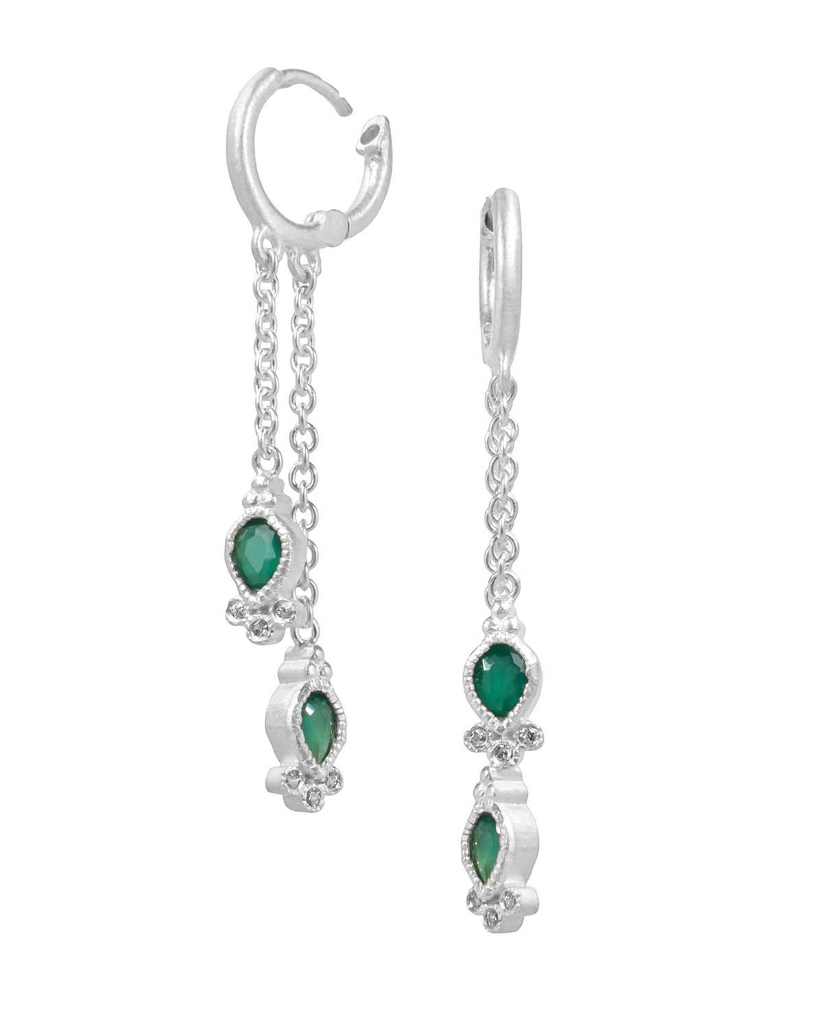 Mini hoop earrings with emerald green onyx gemstones and a polished silver finish