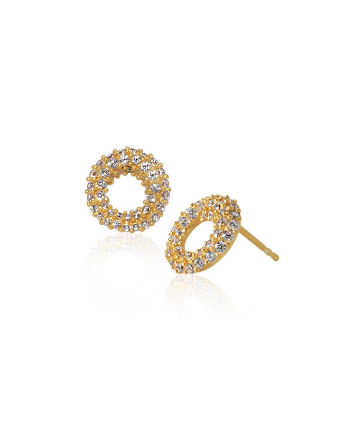 Spherical gold stud earrings with sparkling cubic zirconia stones and polished finish