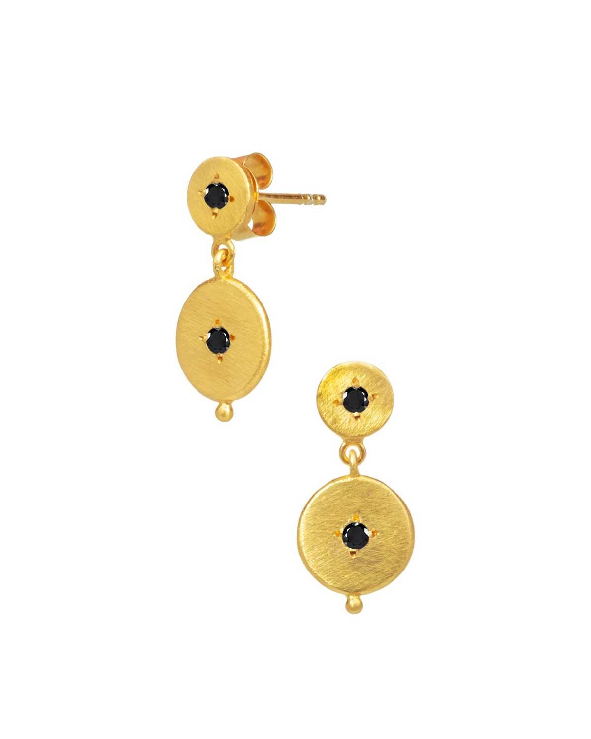 Detailed view of double disk gold earrings with turquoise gemstones