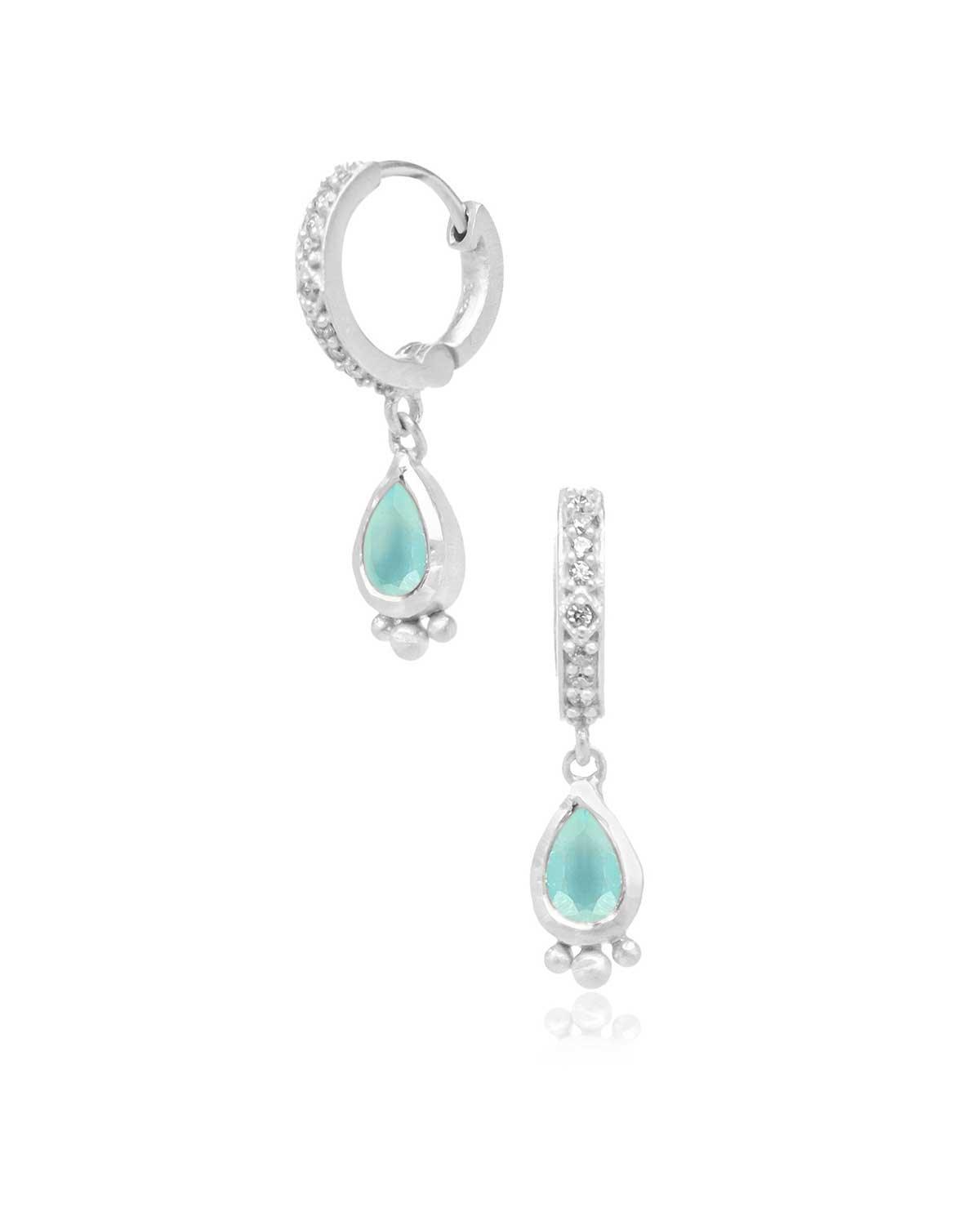 Aqua Chalcedony Teardrop Huggies in silver & gold - Jazzy 