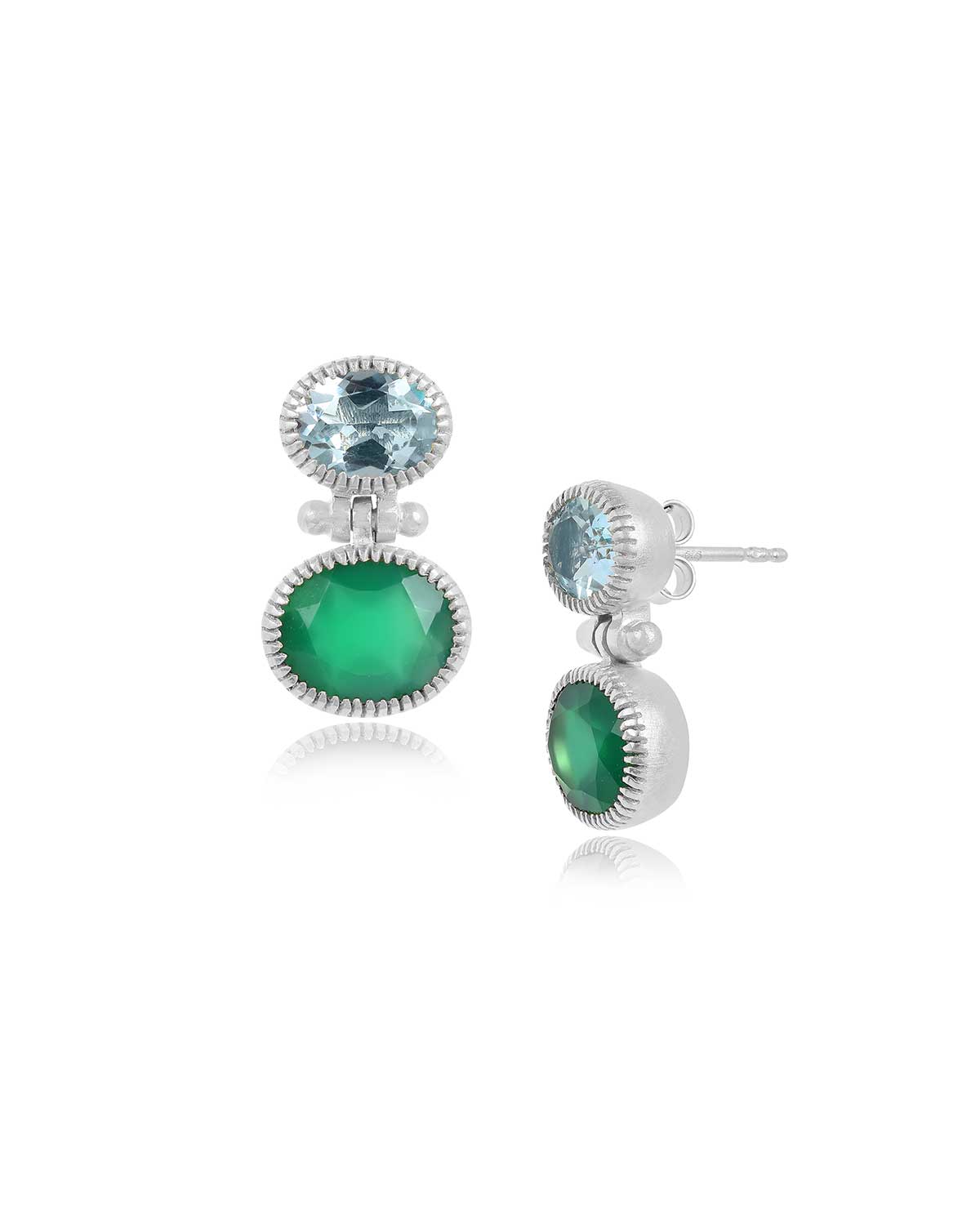 Pair of earrings with green and blue gemstones on a white background