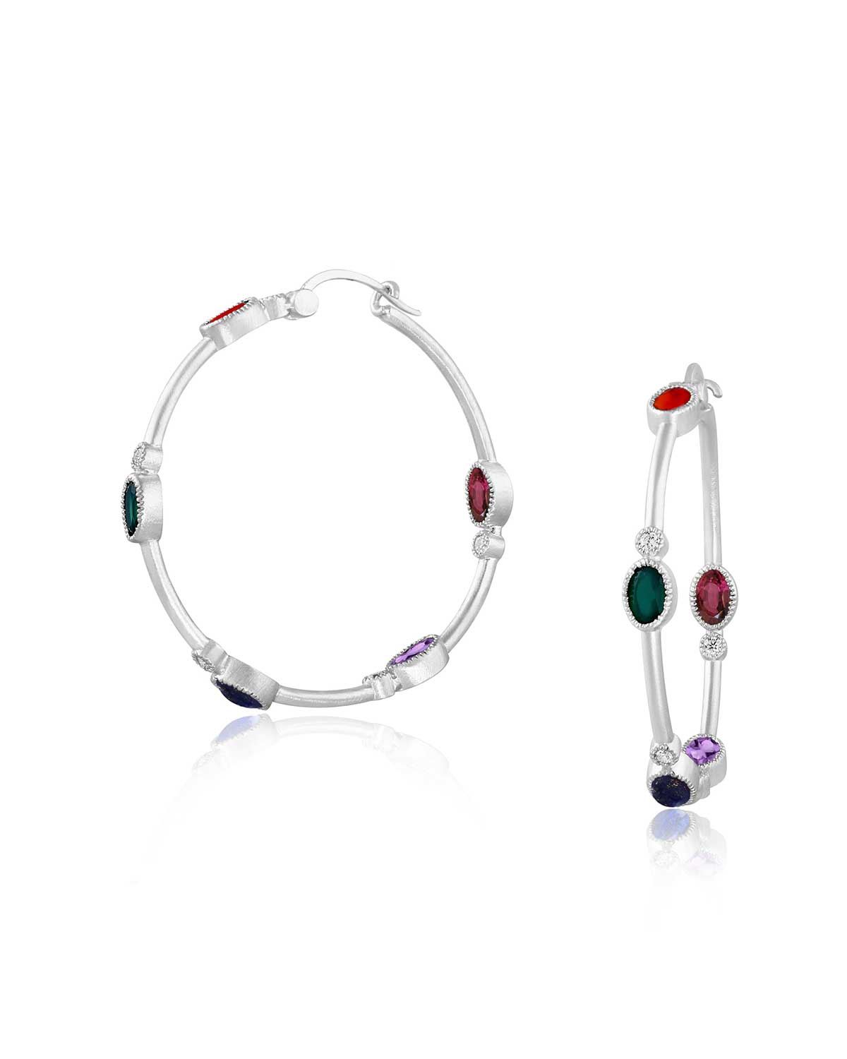 Silver hoop earrings with colorful gemstones on a white background