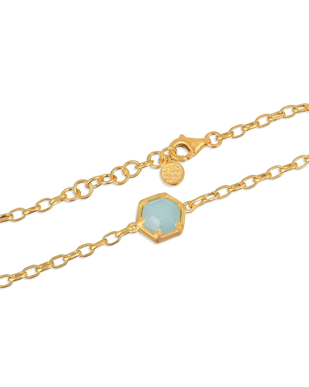 Front view of a gold adjustable bracelet with an aqua chalcedony gemstone