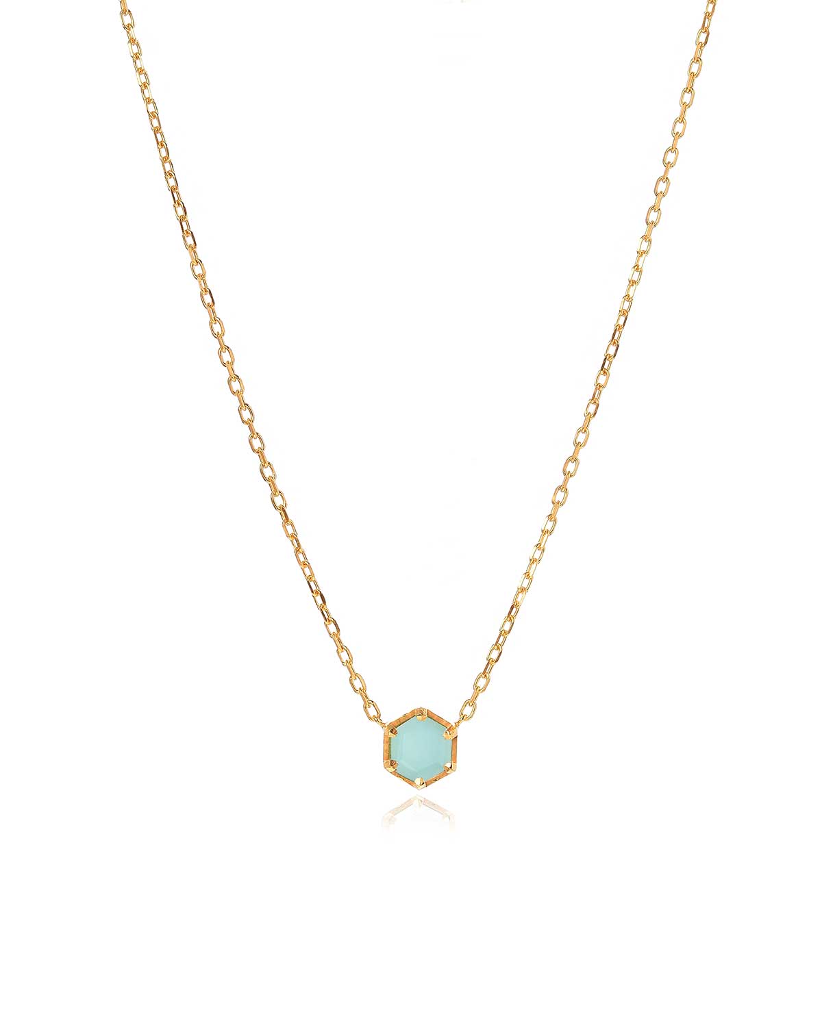 Gold adjustable necklace with an aqua chalcedony gemstone in a sea green colour