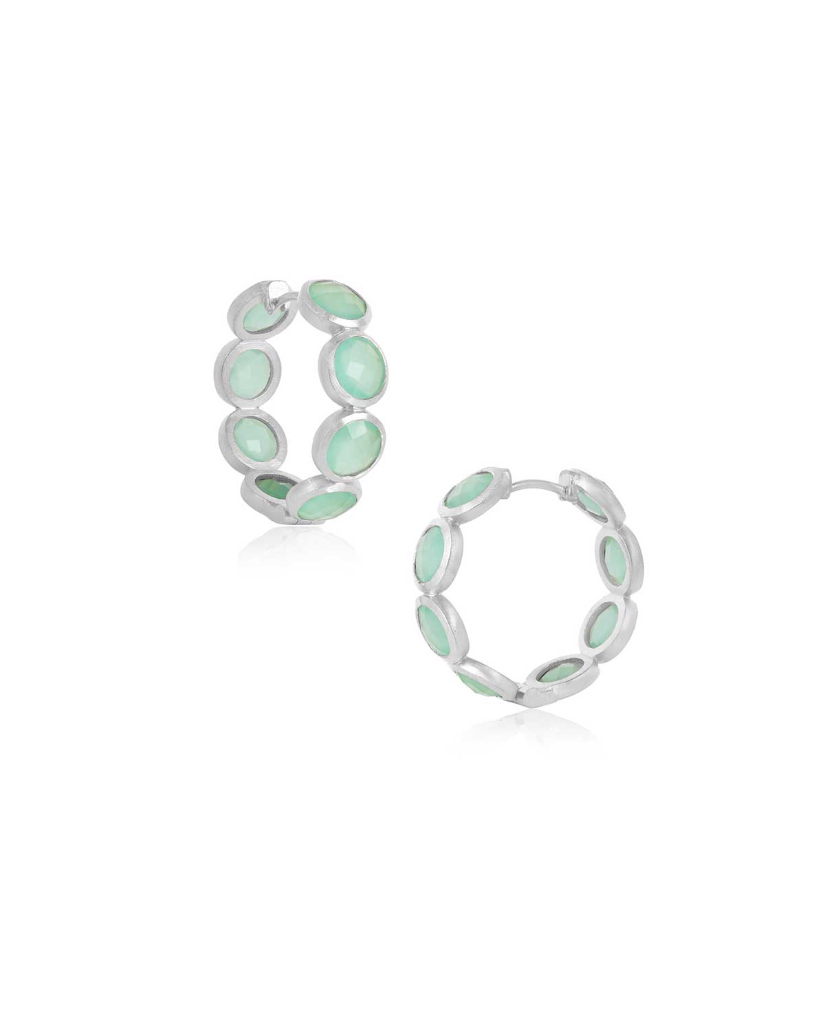 Small silver hoop earrings with aqua gemstones and a polished finish