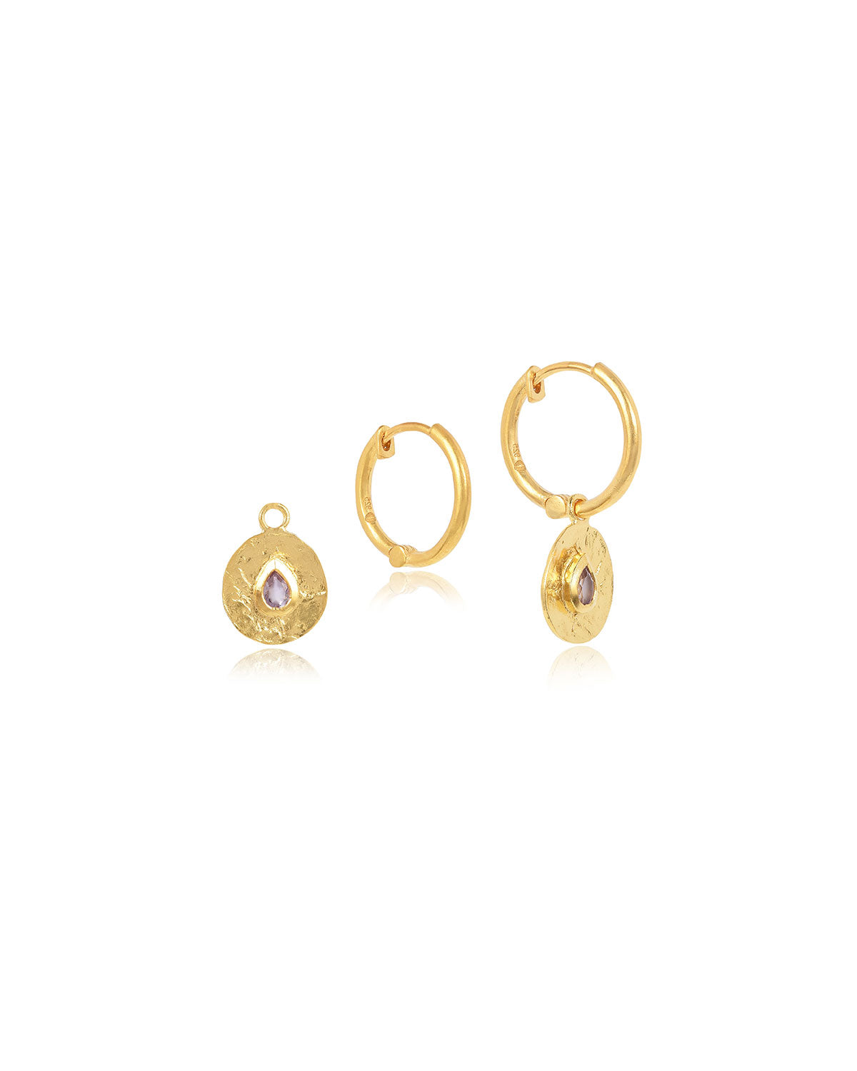 Gold hoop earrings with small round pendants 