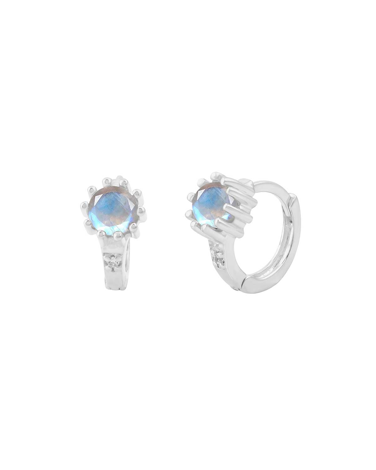 Detailed view of amethyst, pearl, and labradorite gemstones on silver hoops
