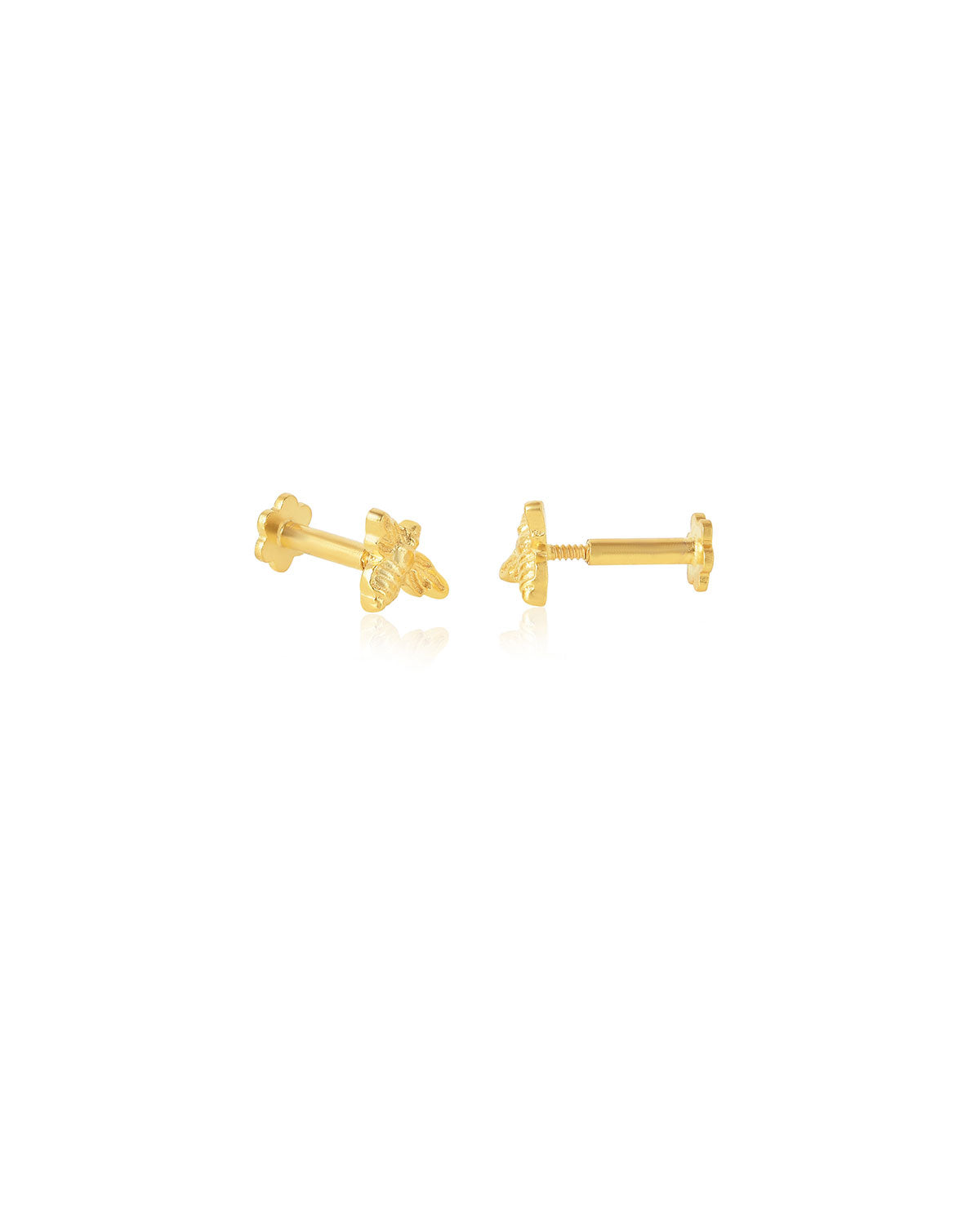 Mini gold bee stud earrings with secure screw-back fastening