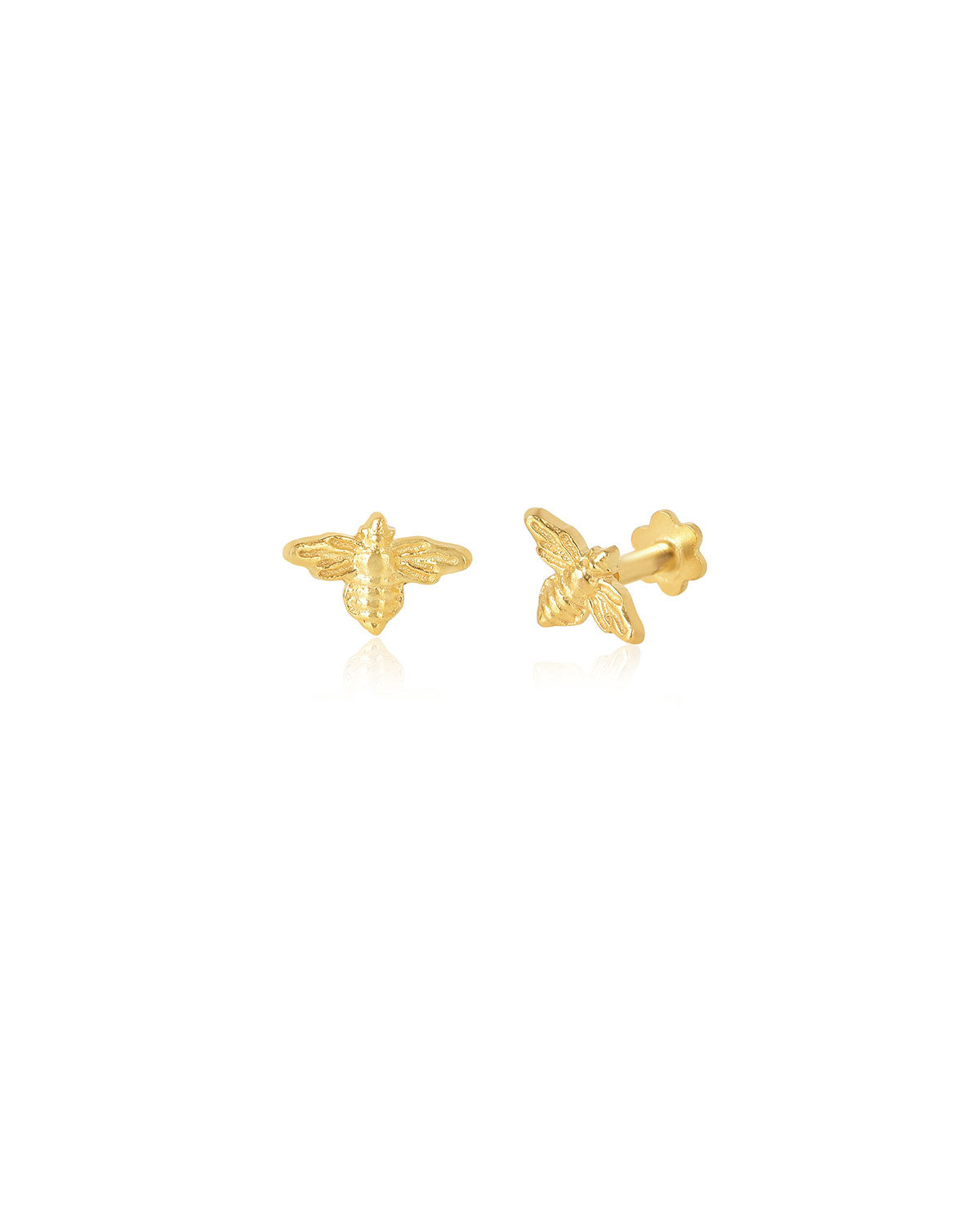 Mini gold bee stud earrings with a polished finish