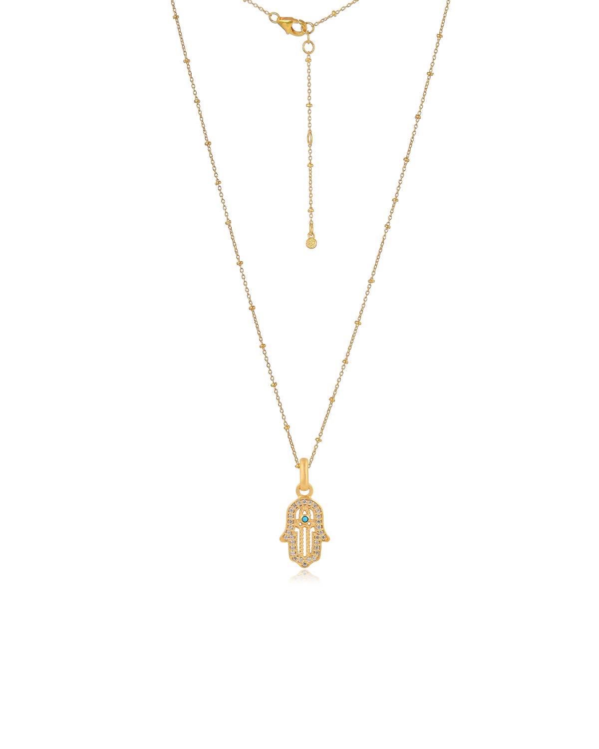 Adjustable gold necklace with a hand-shaped pendant featuring a turquoise gemstone and lab diamonds