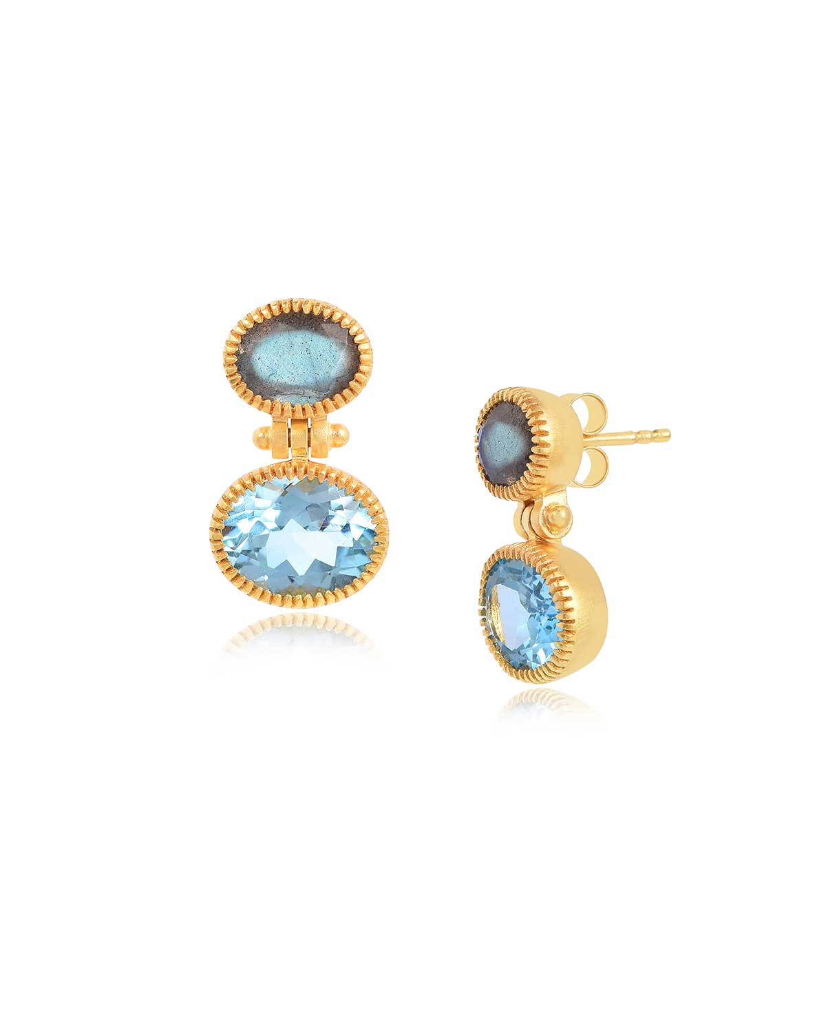 Gold vermeil earrings with vibrant blue topaz and labradorite stones