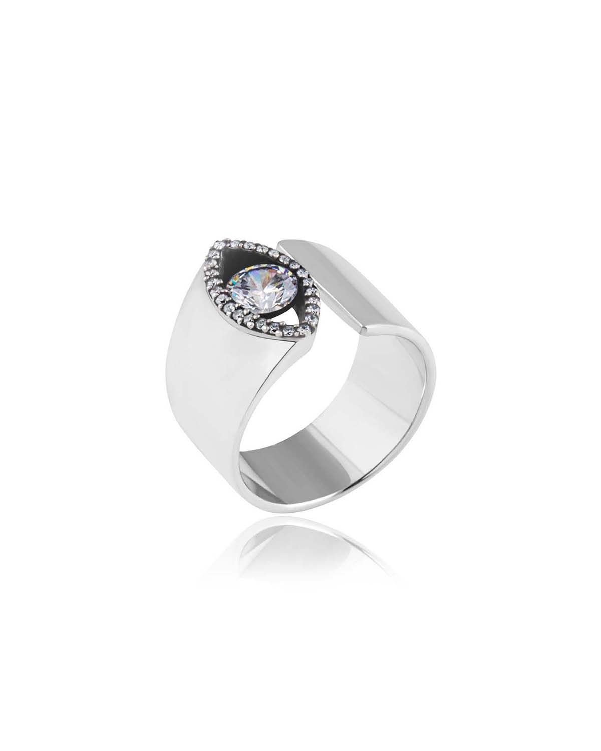 Chunky silver ring with a symbolic eye design and cubic zirconia stones