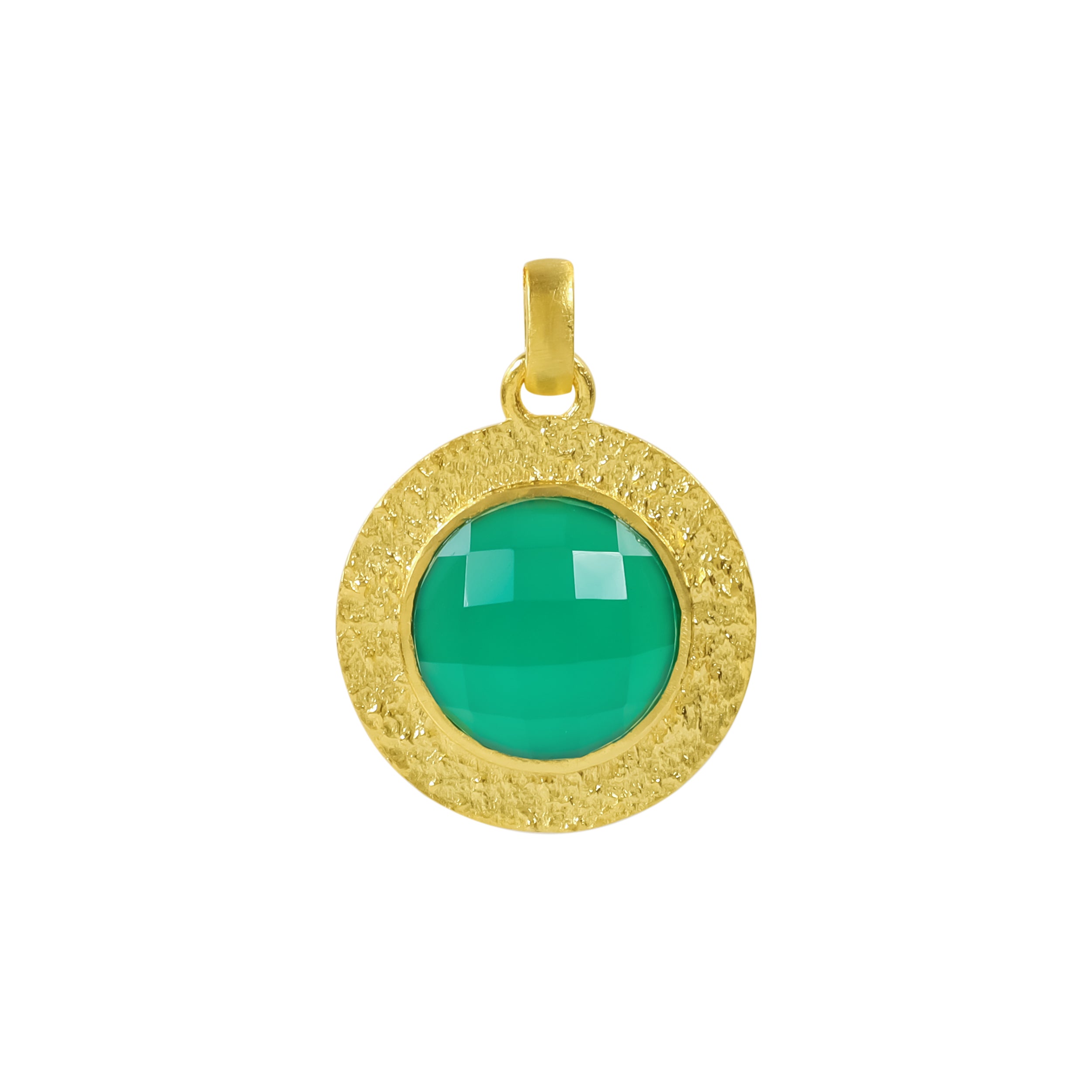 Bold gold necklace with circular green onyx gemstone as a statement piece