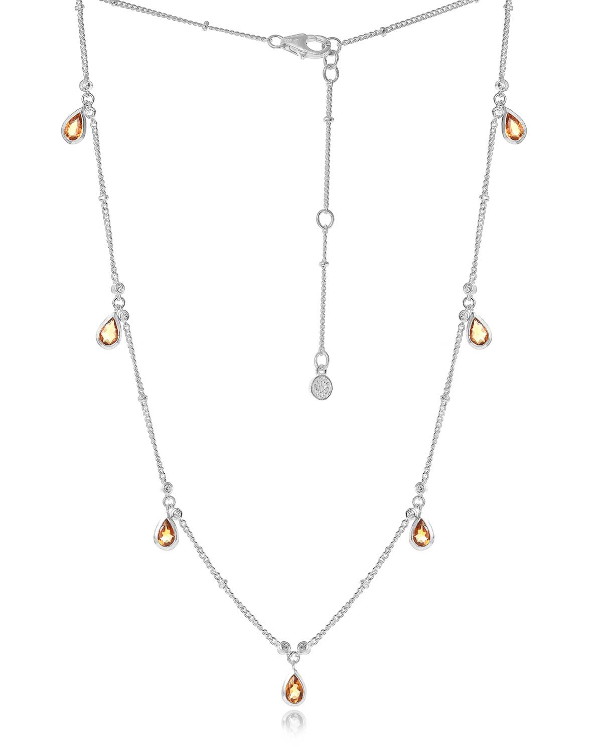 Silver necklace with teardrop-shaped citrine gemstones charms