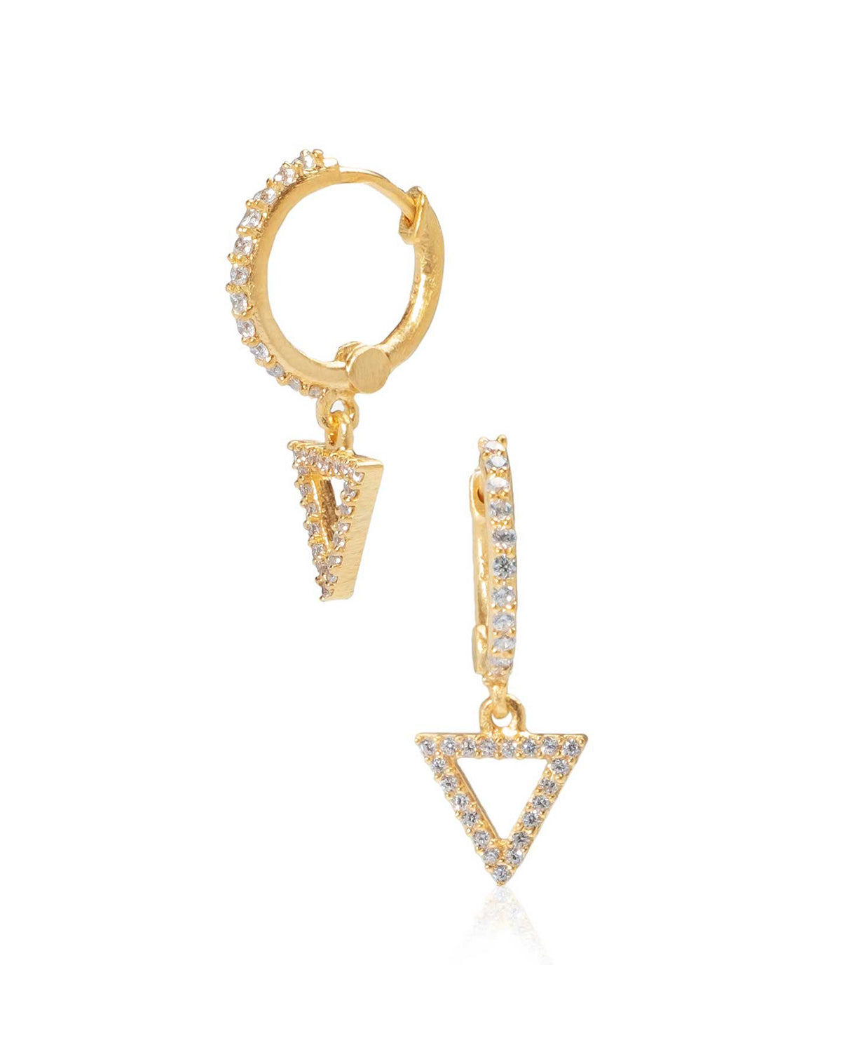 Gold mini hoop earrings with triangle charms and crystal detailing