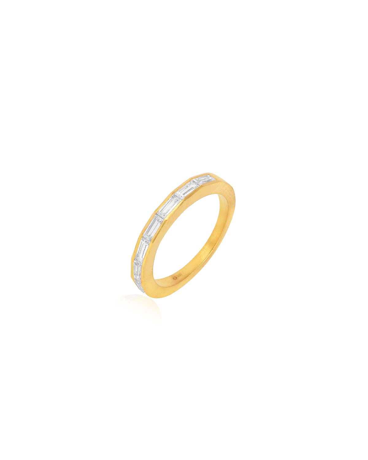 Gold vermeil ring with nine baguette-shaped moissanite diamonds and a polished finish