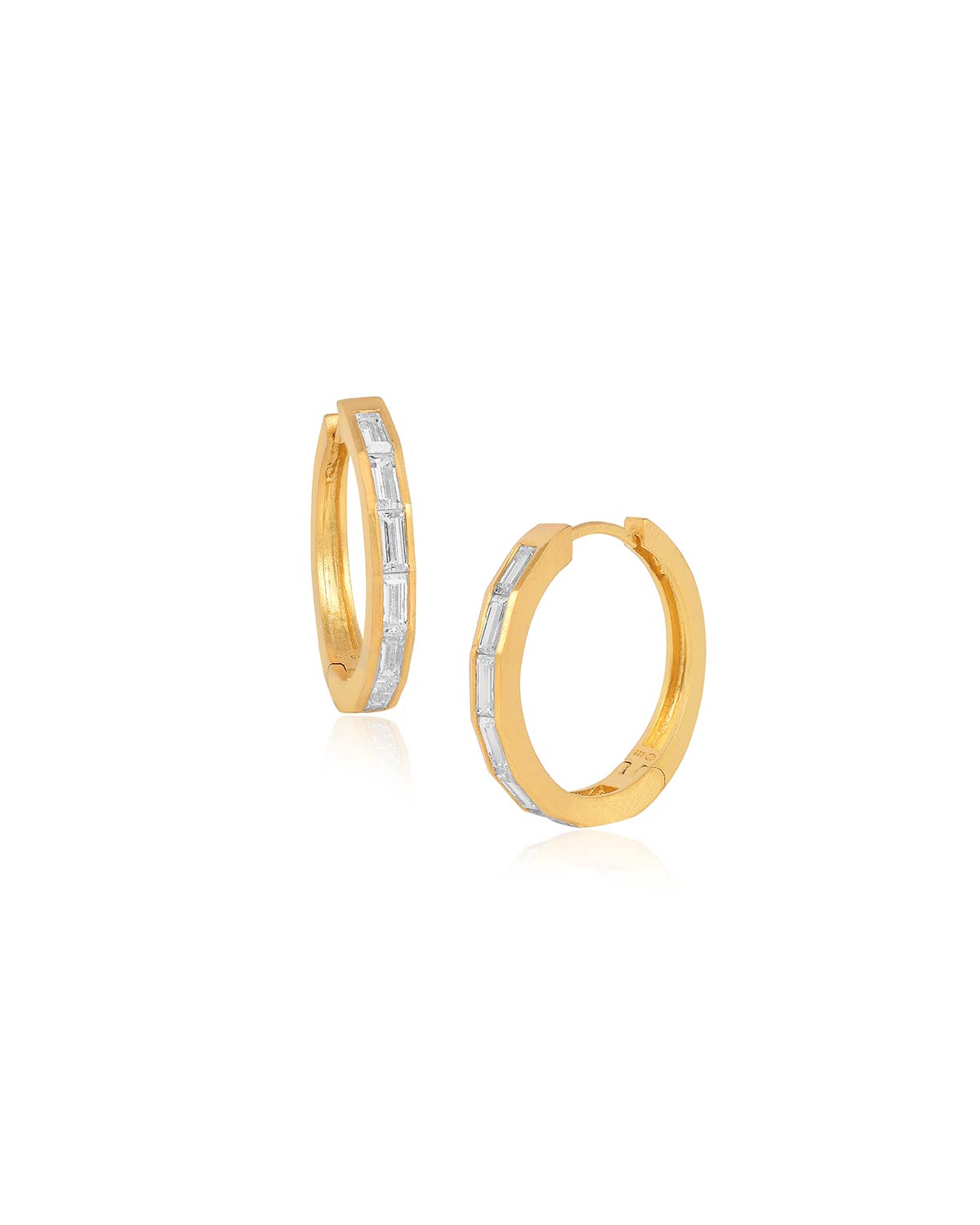 Gold vermeil midsize hoop earrings with seven baguette cubic zirconia stones in each hoop