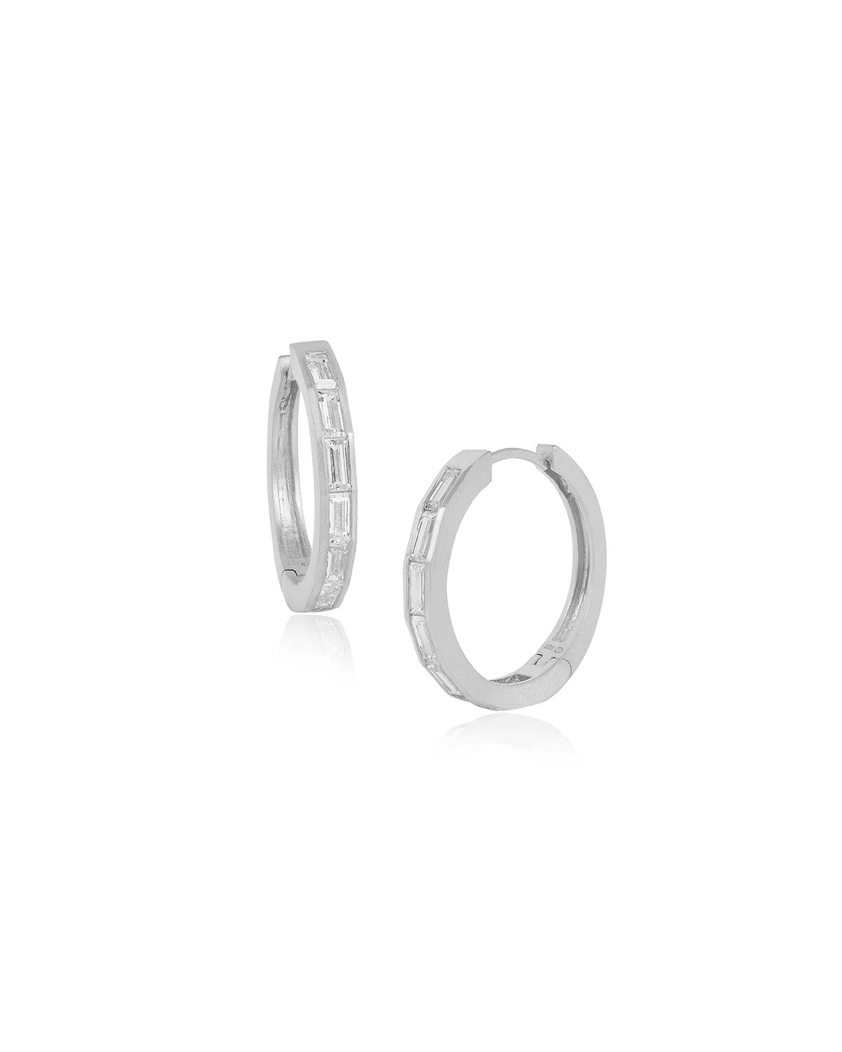 Midsize silver hoop earrings with seven baguette cubic zirconia stones and a polished finish