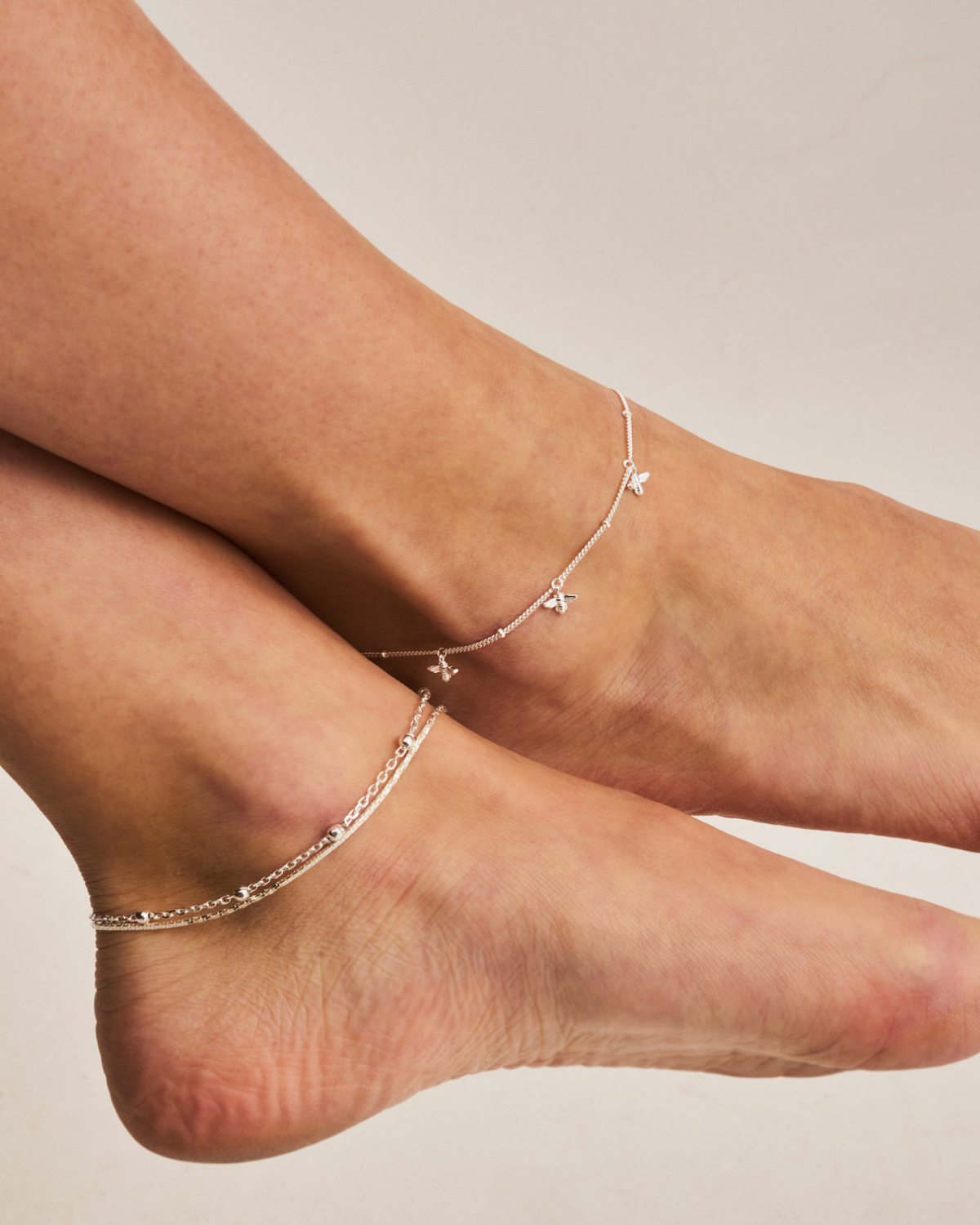 Detailed view of sterling silver anklet with two contrasting textures