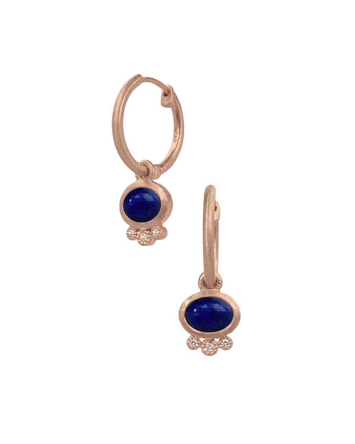 Mini gold hoop earrings with lapis lazuli gemstone charm and crystal details