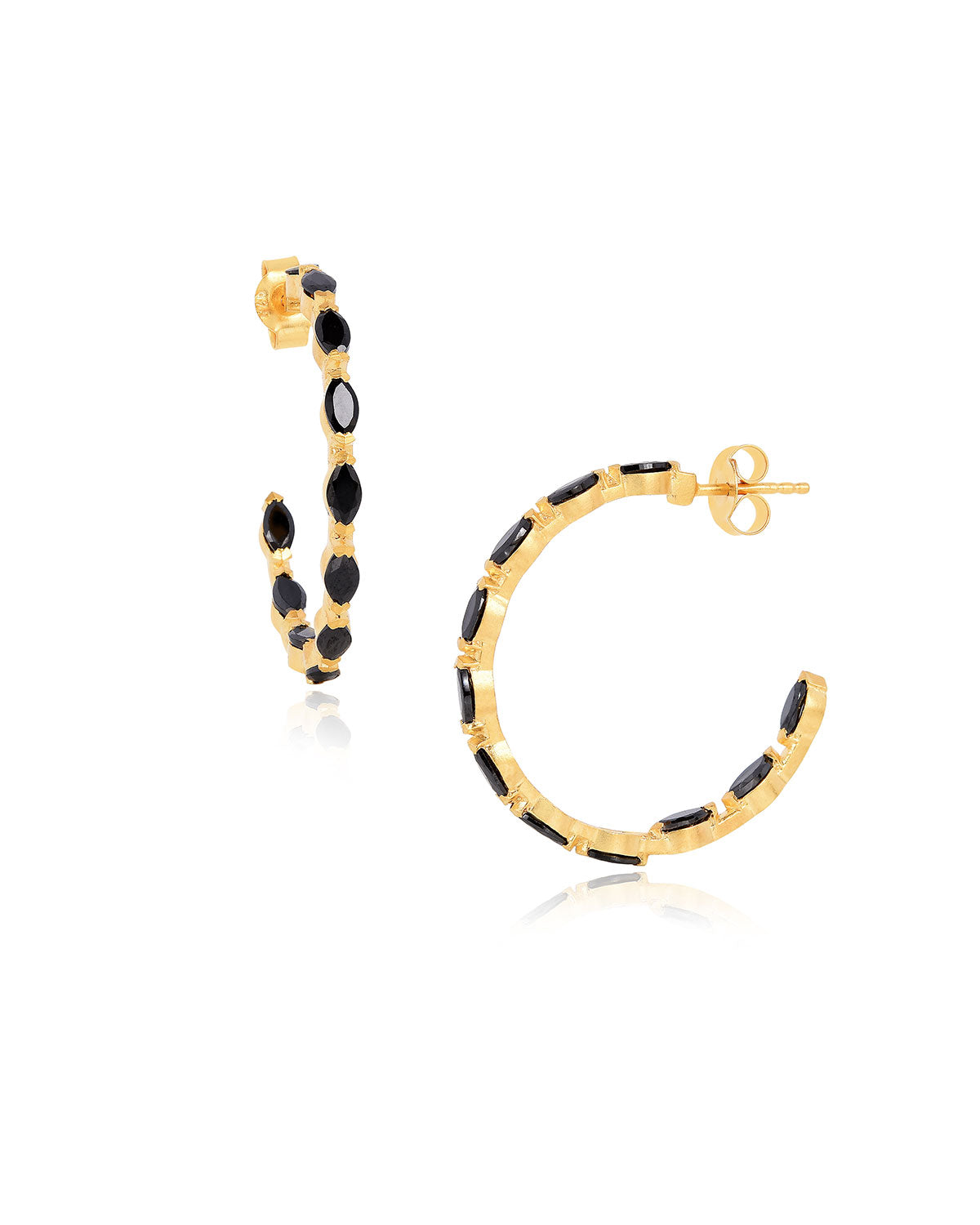 Close-up of marquise-cut black spinel gemstones on gold vermeil hoop earrings with front and side view 