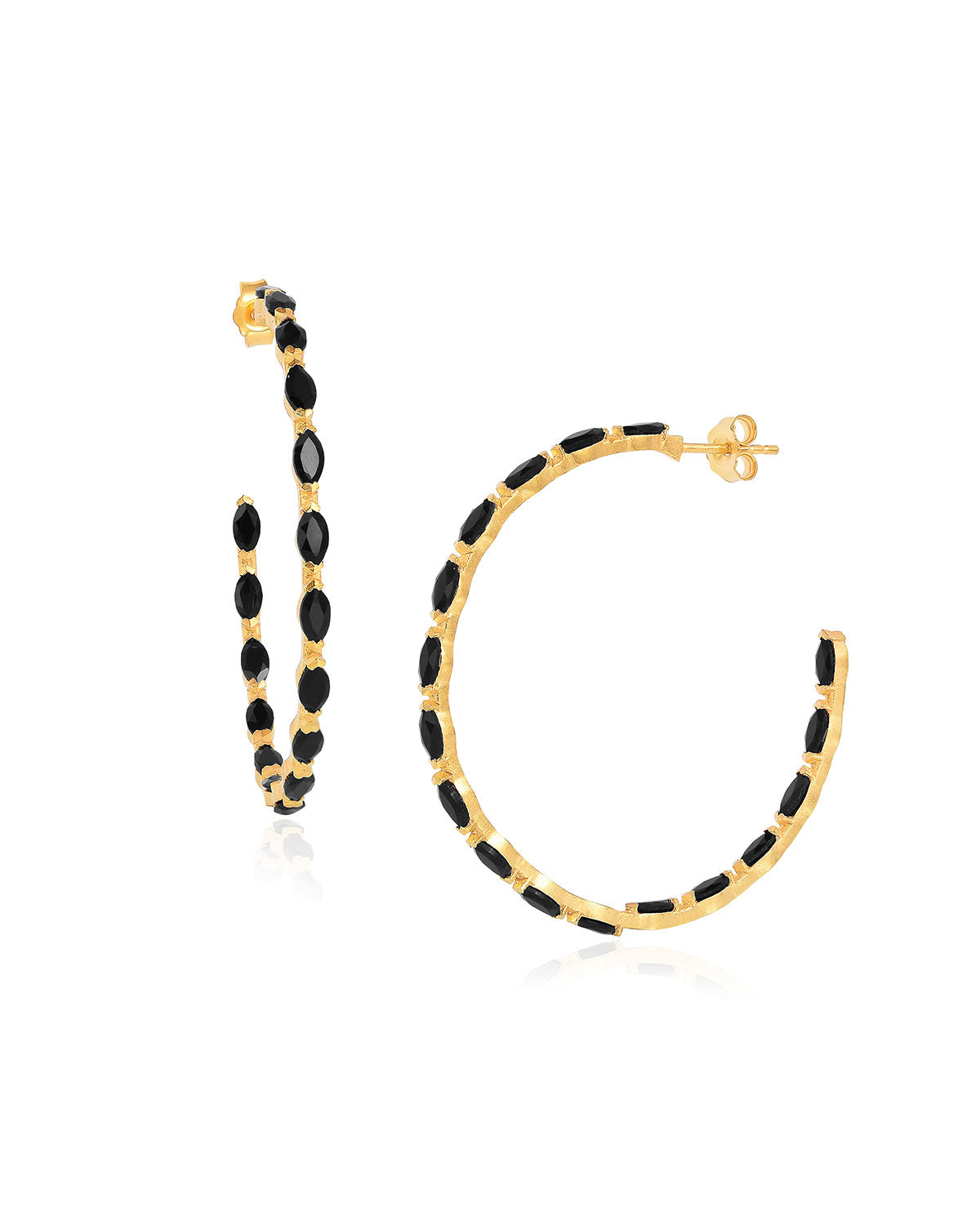 Gold vermeil hoop earrings with hand-set marquise-cut black spinel gemstones