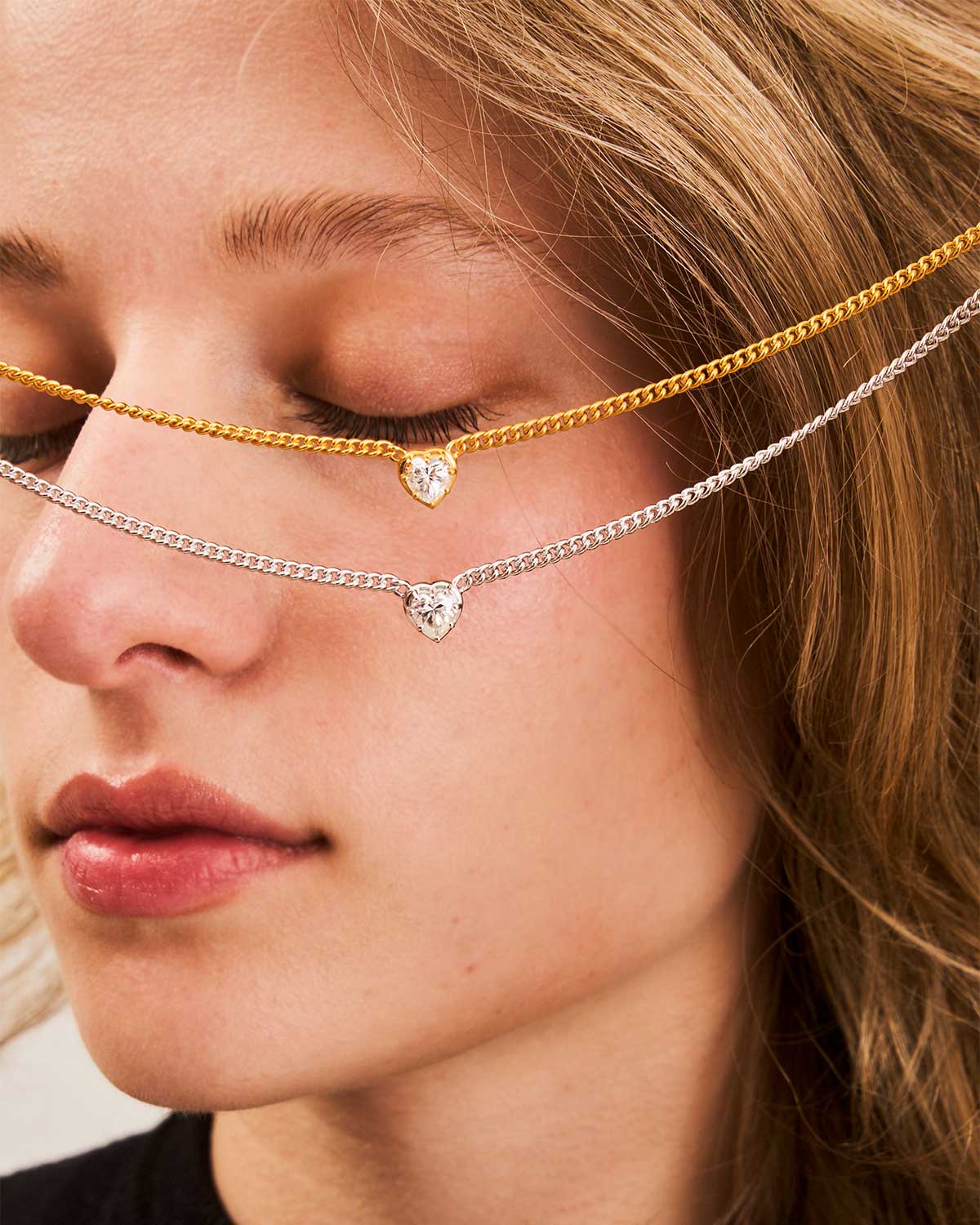 Front view of gold necklace showcasing diamond heart pendant with Moissanite stone