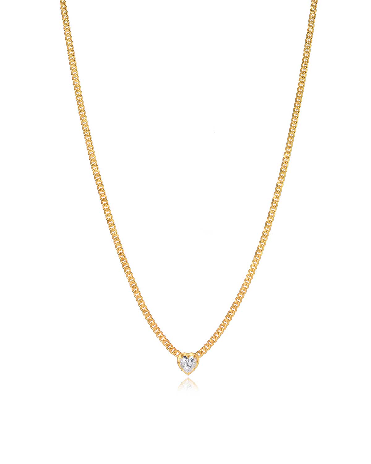 Gold necklace with a diamond heart pendant featuring a princess-cut Moissanite stone