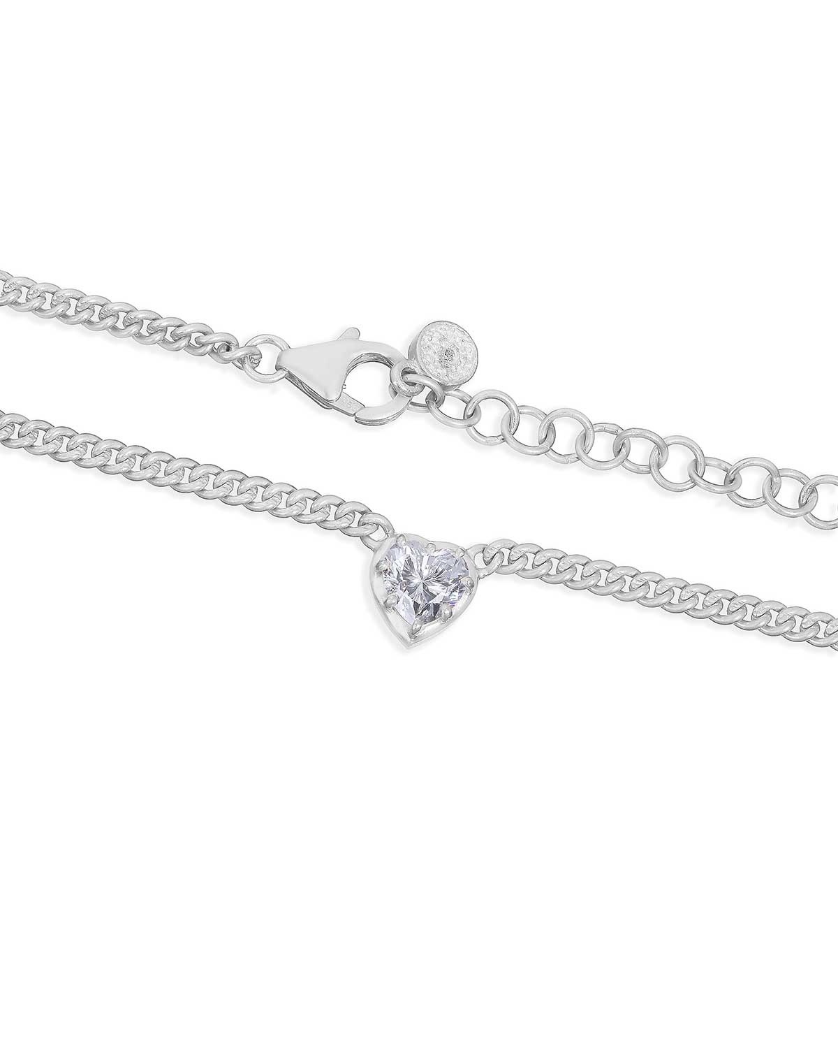 Front view of silver necklace with a diamond heart pendant, perfect for everyday wear