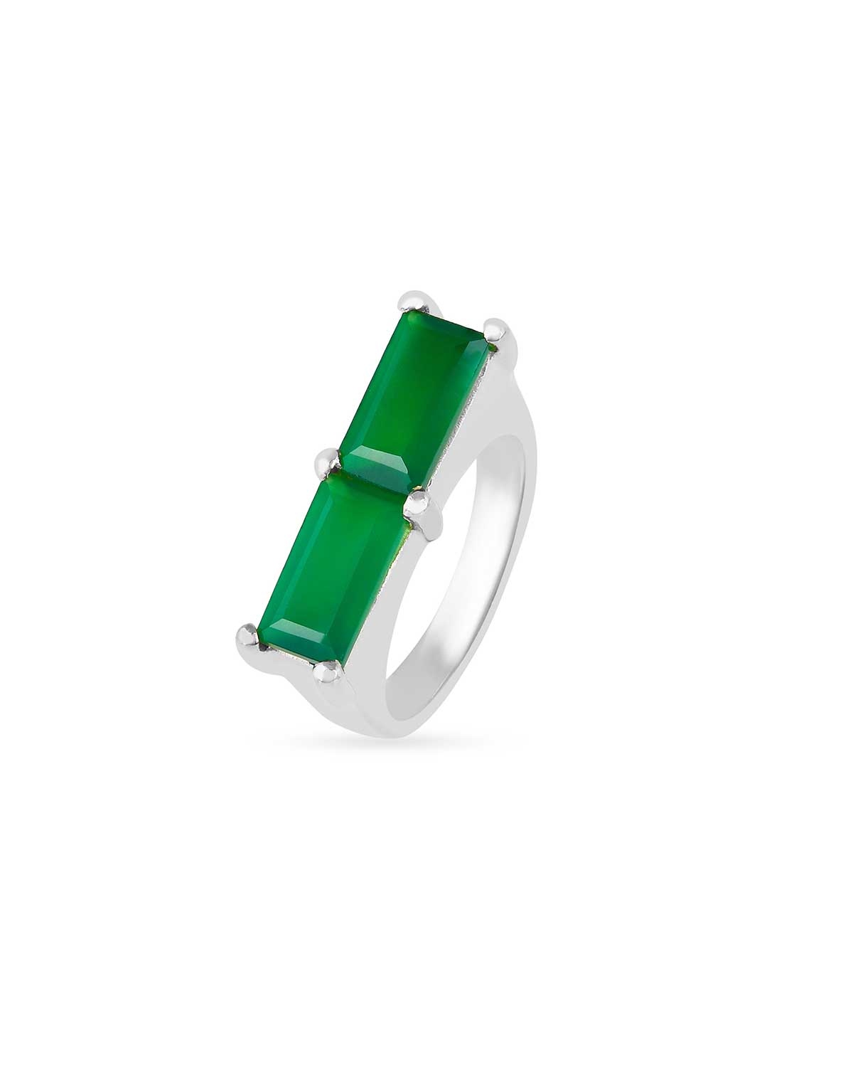 Bold silver ring with a natural green onyx gemstone and polished finish